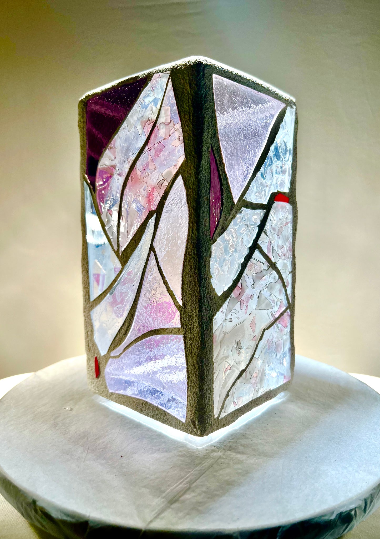 "Eye of Winter" – Frosted Stained Glass Cathedral Candleholder in Purples, Pinks & Clear Crystal