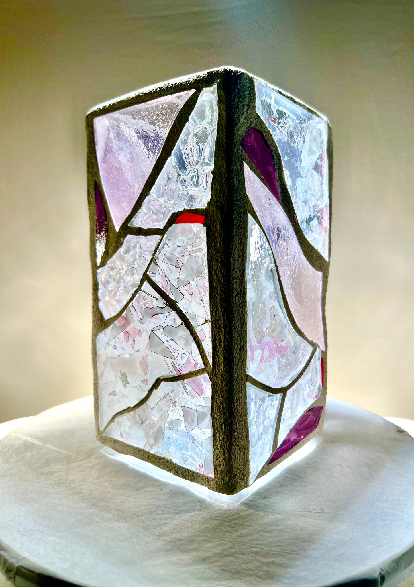 "Eye of Winter" – Frosted Stained Glass Cathedral Candleholder in Purples, Pinks & Clear Crystal