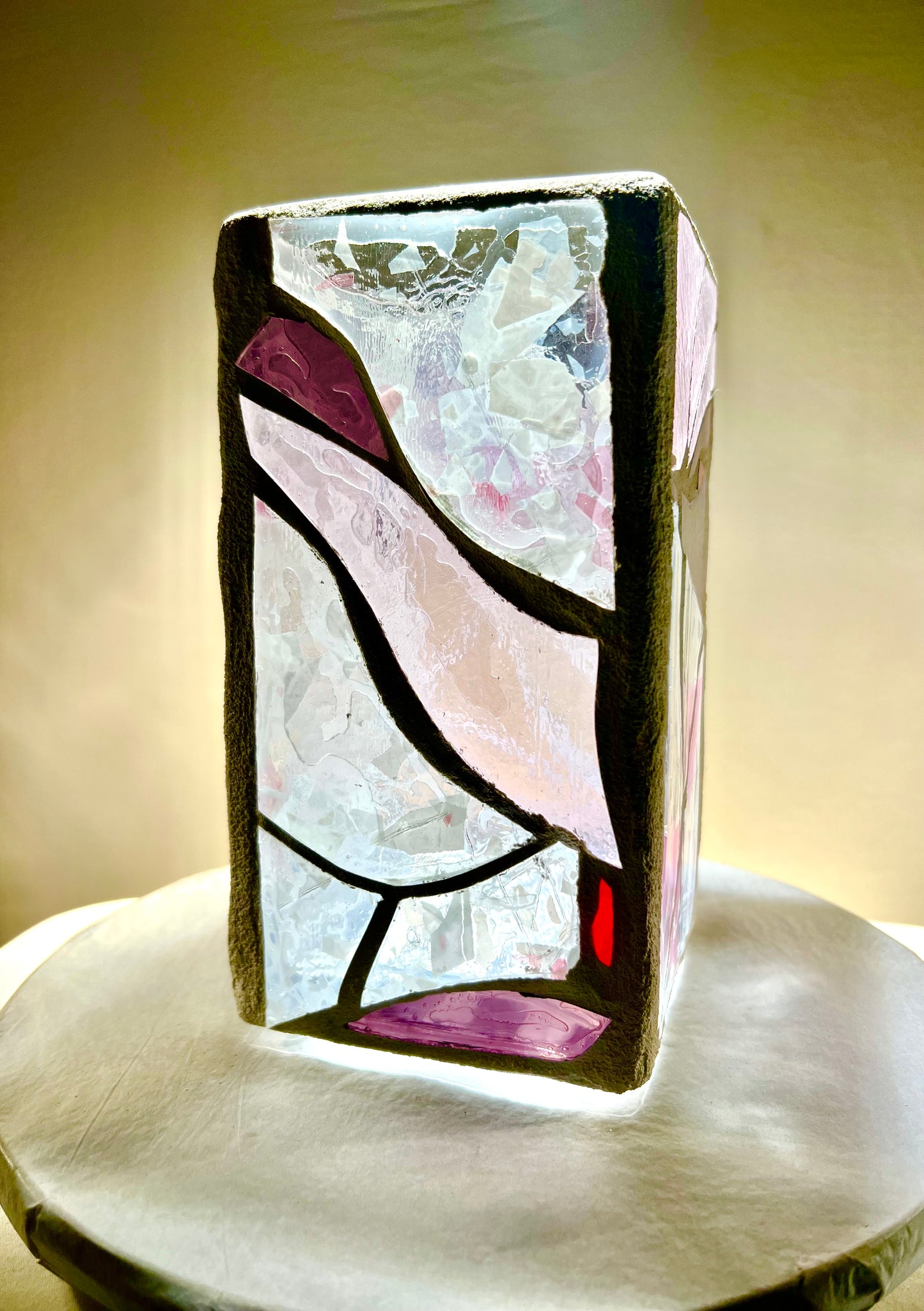 "Eye of Winter" – Frosted Stained Glass Cathedral Candleholder in Purples, Pinks & Clear Crystal