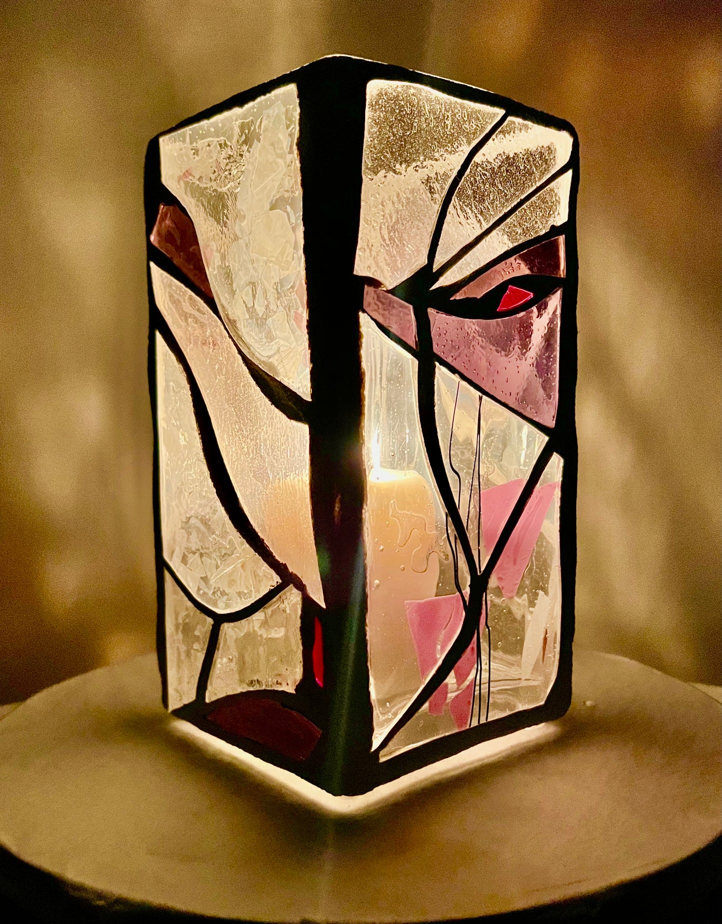 "Eye of Winter" – Frosted Stained Glass Cathedral Candleholder in Purples, Pinks & Clear Crystal