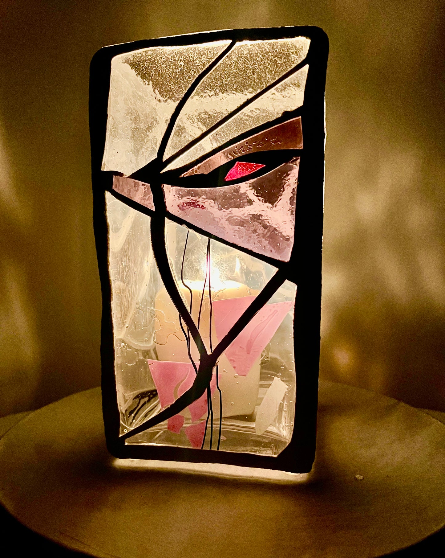 "Eye of Winter" – Frosted Stained Glass Cathedral Candleholder in Purples, Pinks & Clear Crystal