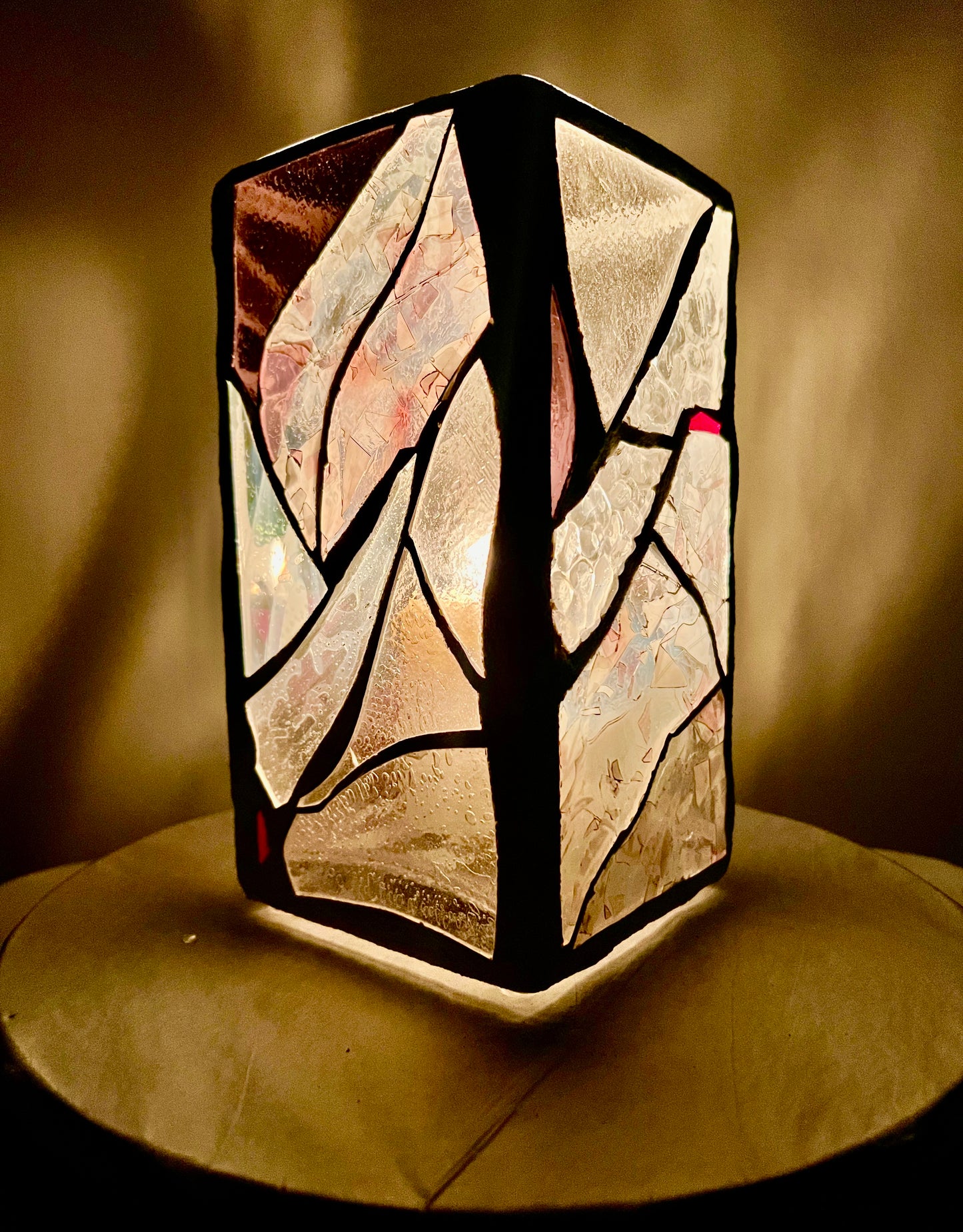 "Eye of Winter" – Frosted Stained Glass Cathedral Candleholder in Purples, Pinks & Clear Crystal