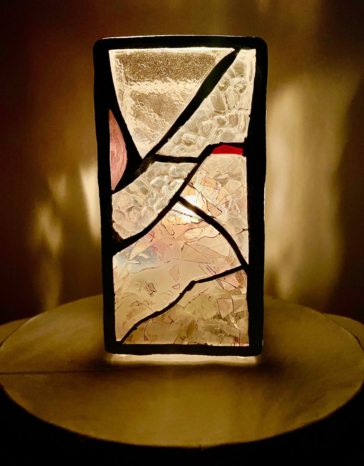 "Eye of Winter" – Frosted Stained Glass Cathedral Candleholder in Purples, Pinks & Clear Crystal