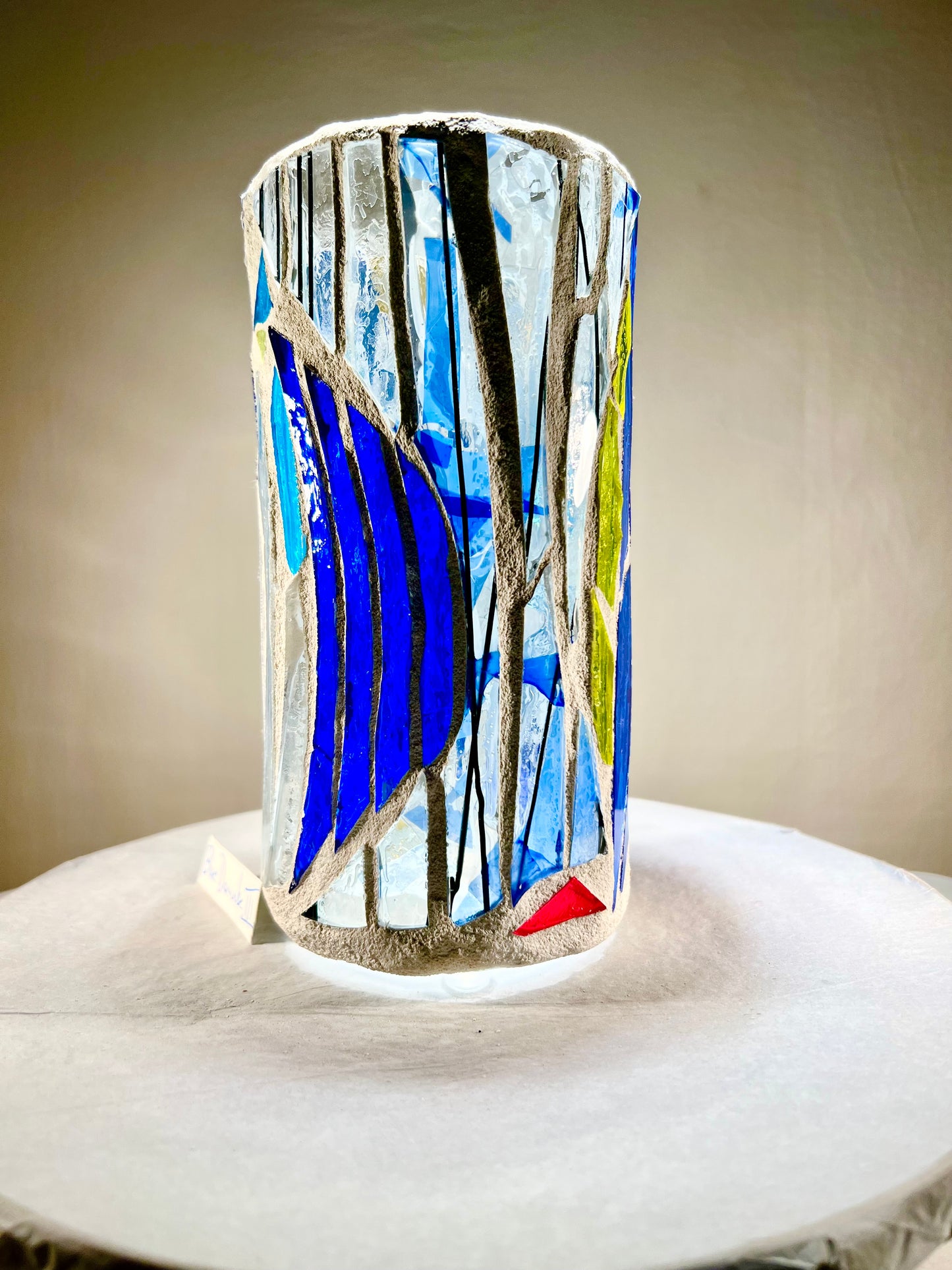 Stained Glass Candleholder "Blue Horizon" Blue, Yellow, Crystal Clear Glass 9x4"