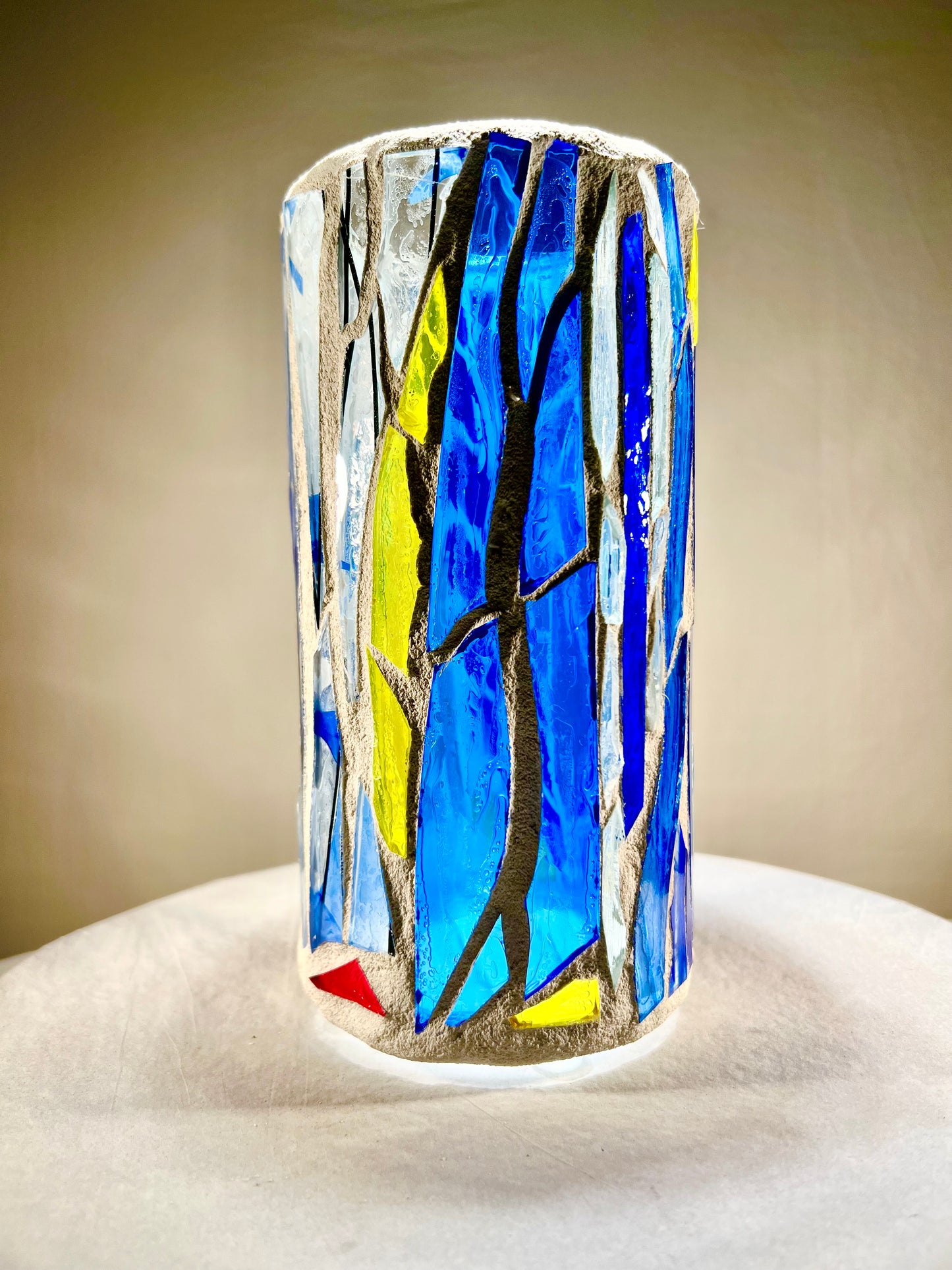Stained Glass Candleholder "Blue Horizon" Blue, Yellow, Crystal Clear Glass 9x4"