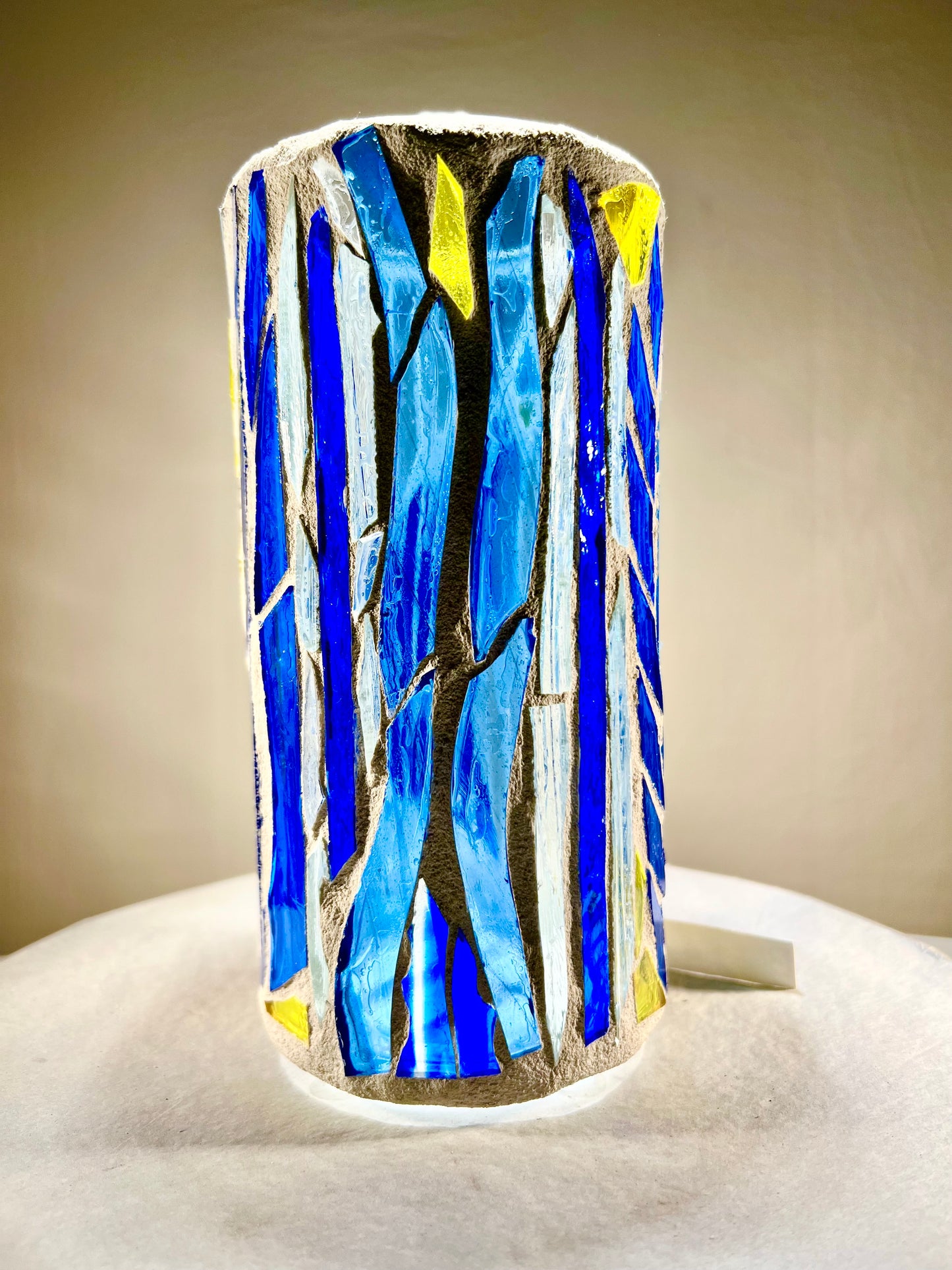 Stained Glass Candleholder "Blue Horizon" Blue, Yellow, Crystal Clear Glass 9x4"