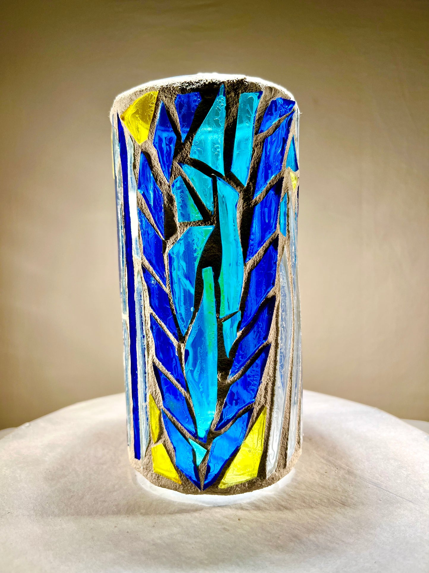 Stained Glass Candleholder "Blue Horizon" Blue, Yellow, Crystal Clear Glass 9x4"