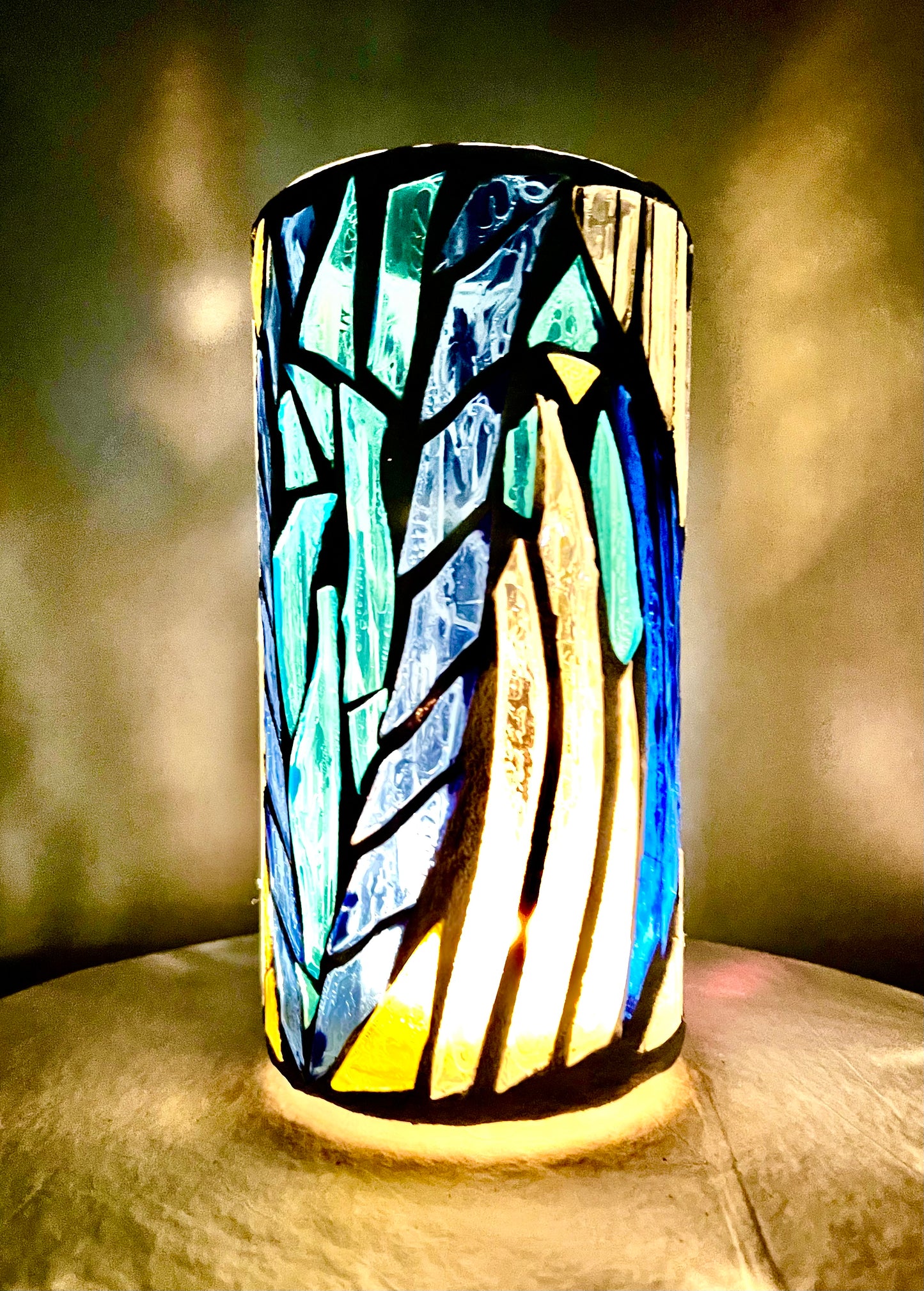 Stained Glass Candleholder "Blue Horizon" Blue, Yellow, Crystal Clear Glass 9x4"