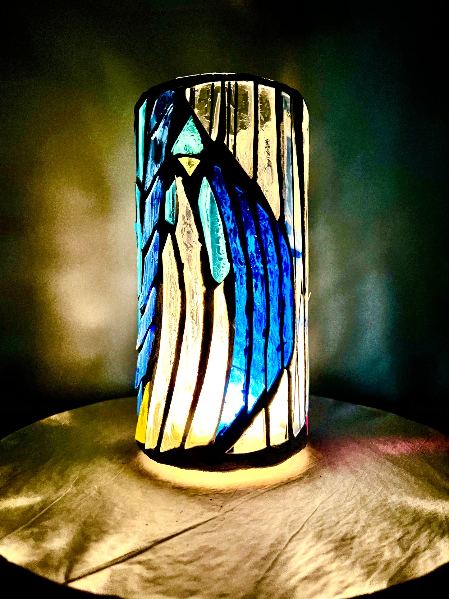 Stained Glass Candleholder "Blue Horizon" Blue, Yellow, Crystal Clear Glass 9x4"
