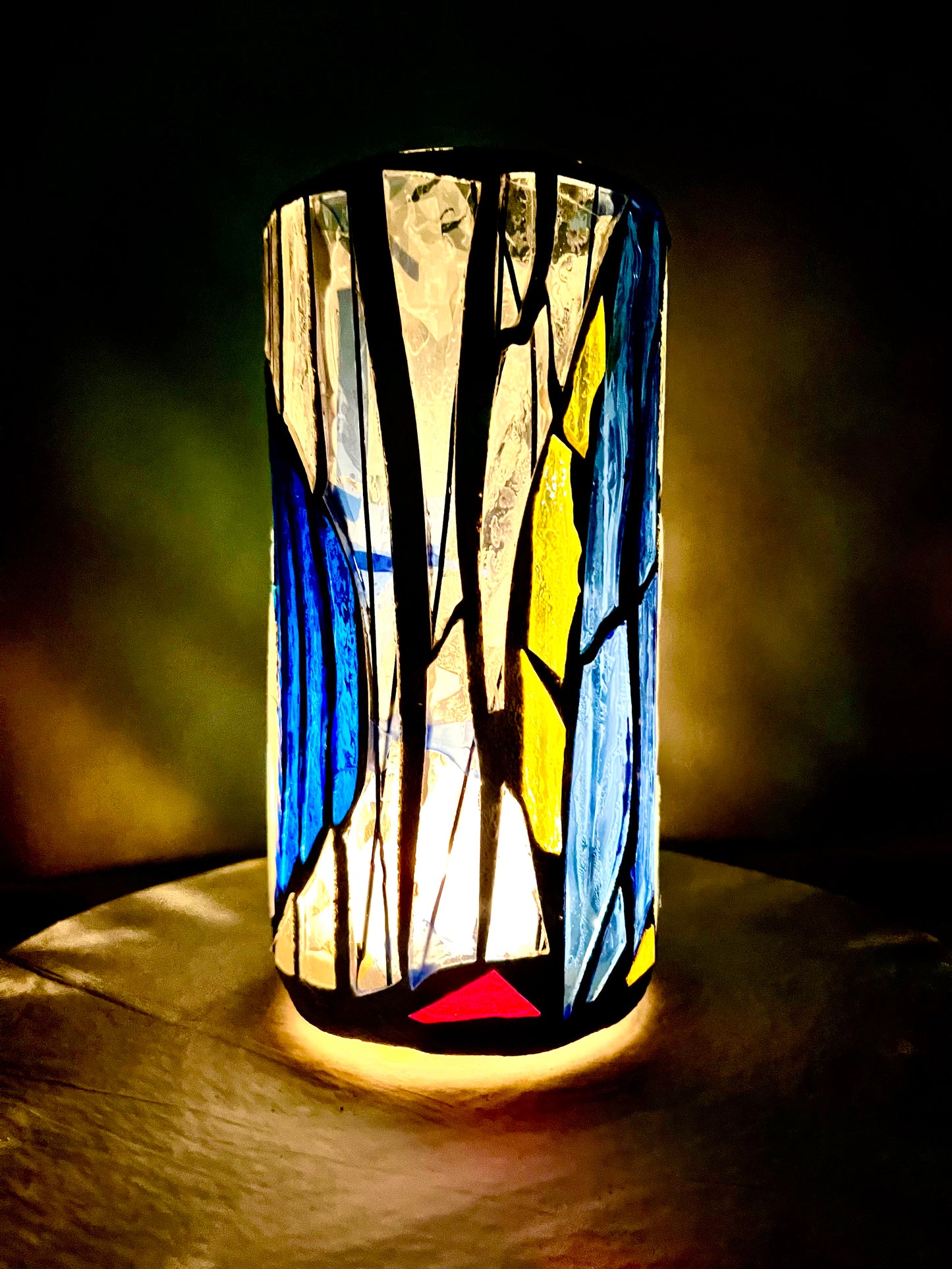 Stained Glass Candleholder "Blue Horizon" Blue, Yellow, Crystal Clear Glass 9x4"