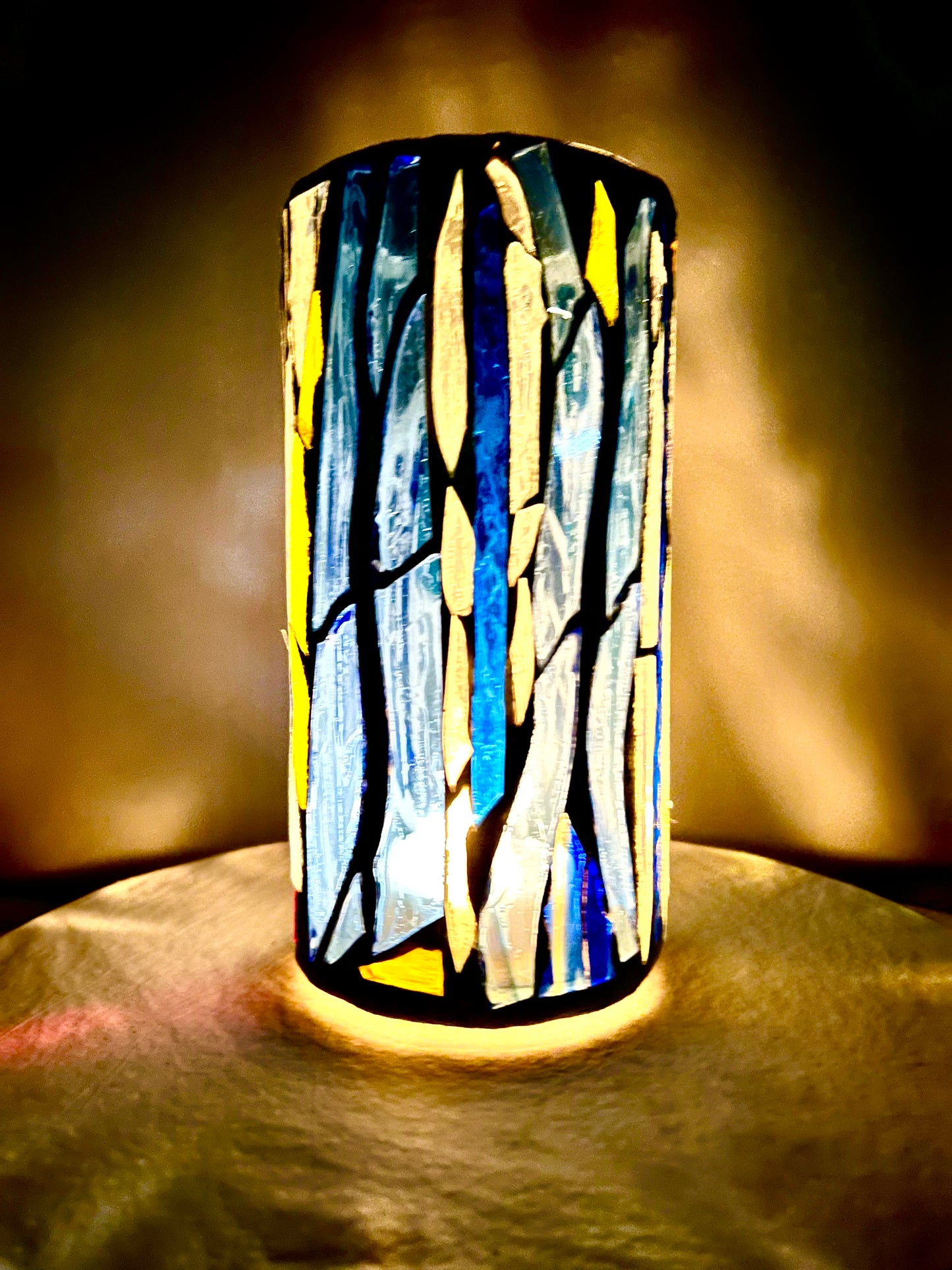 Stained Glass Candleholder "Blue Horizon" Blue, Yellow, Crystal Clear Glass 9x4"