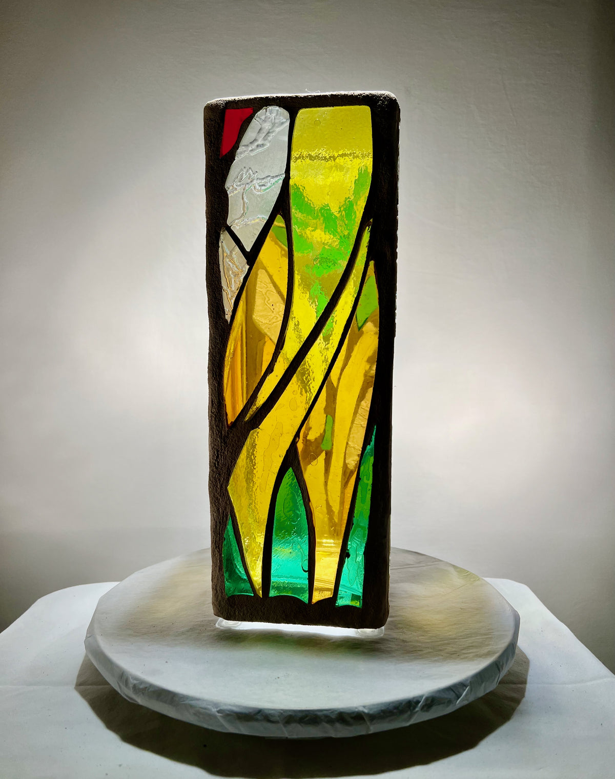 Stained glass candleholder,"Palm", yellow, gold, green and crystal clear glass, white grout, Cathedral Candle, 12x4" square, contemporary