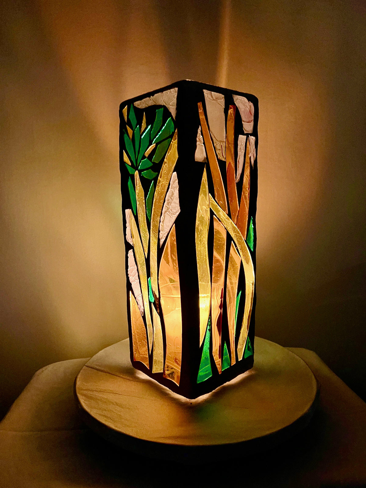 Stained glass candleholder,"Palm", yellow, gold, green and crystal clear glass, white grout, Cathedral Candle, 12x4" square, contemporary