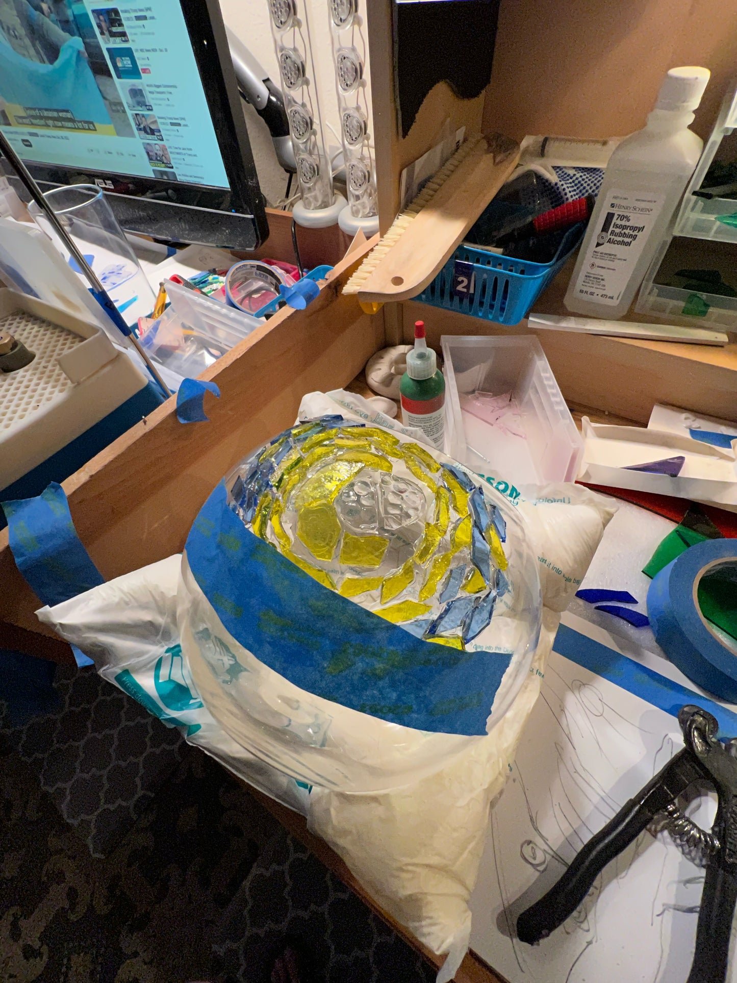 "Starry Night" Stained glass Candleholder, blues, yellow and violet glass finished in Bright White grout, 9" bowl
