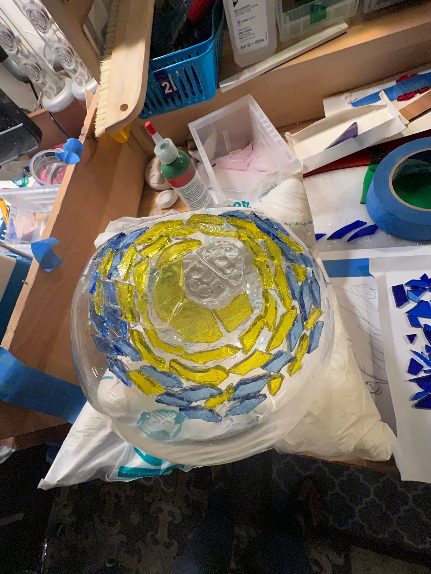 "Starry Night" Stained glass Candleholder, blues, yellow and violet glass finished in Bright White grout, 9" bowl