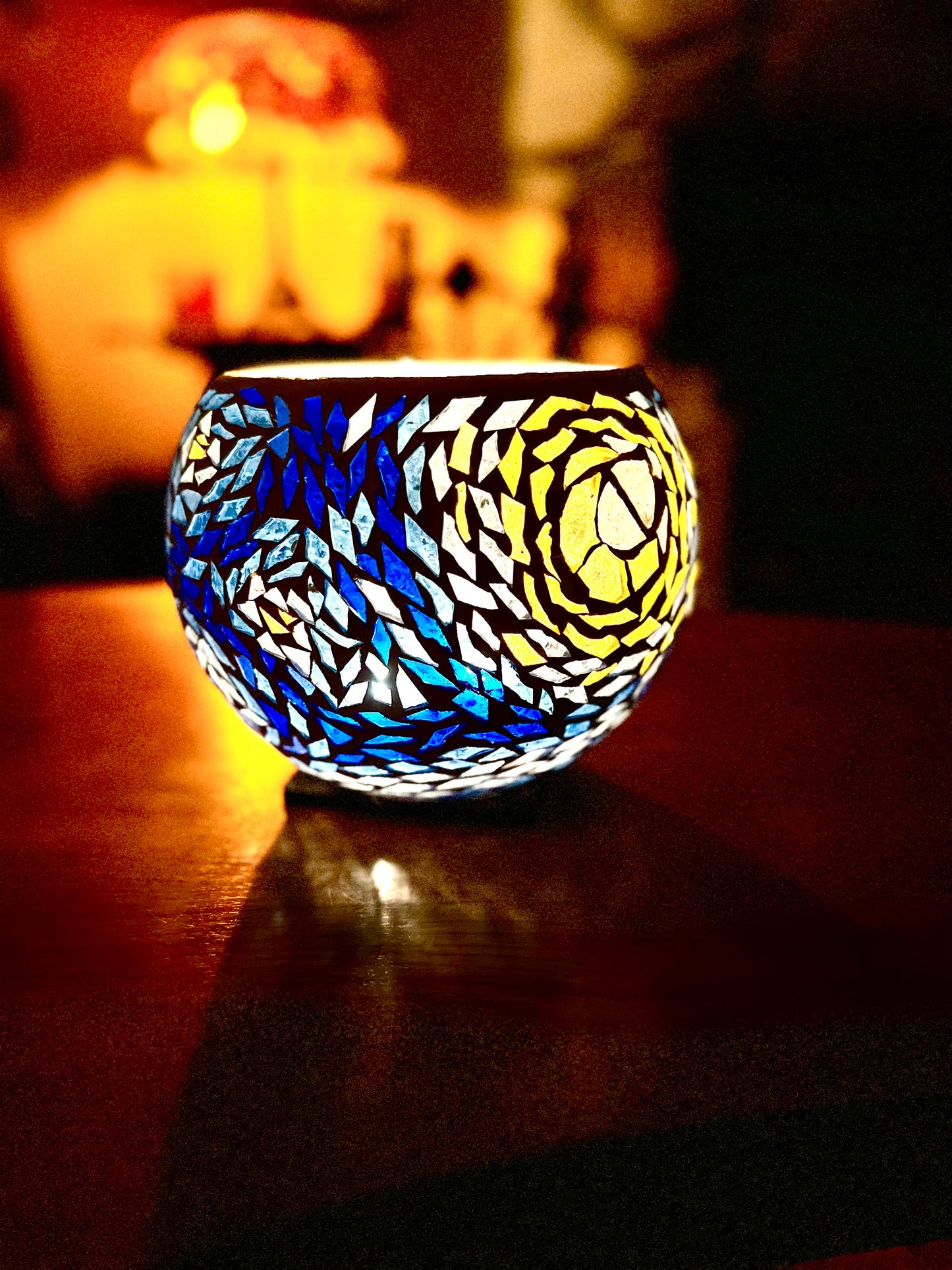 "Starry Night" Stained glass Candleholder, blues, yellow and violet glass finished in Bright White grout, 9" bowl