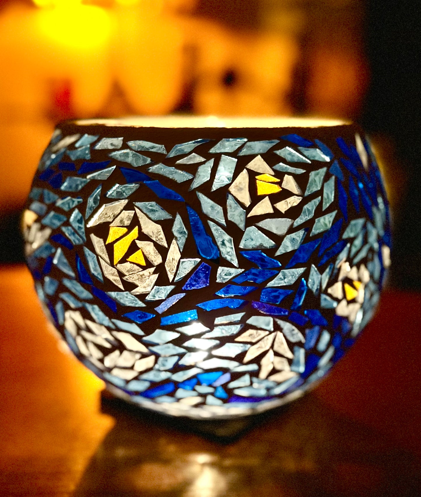 "Starry Night" Stained glass Candleholder, blues, yellow and violet glass finished in Bright White grout, 9" bowl