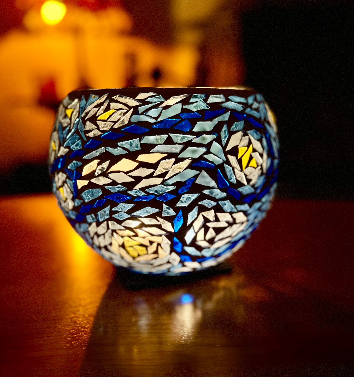 "Starry Night" Stained glass Candleholder, blues, yellow and violet glass finished in Bright White grout, 9" bowl
