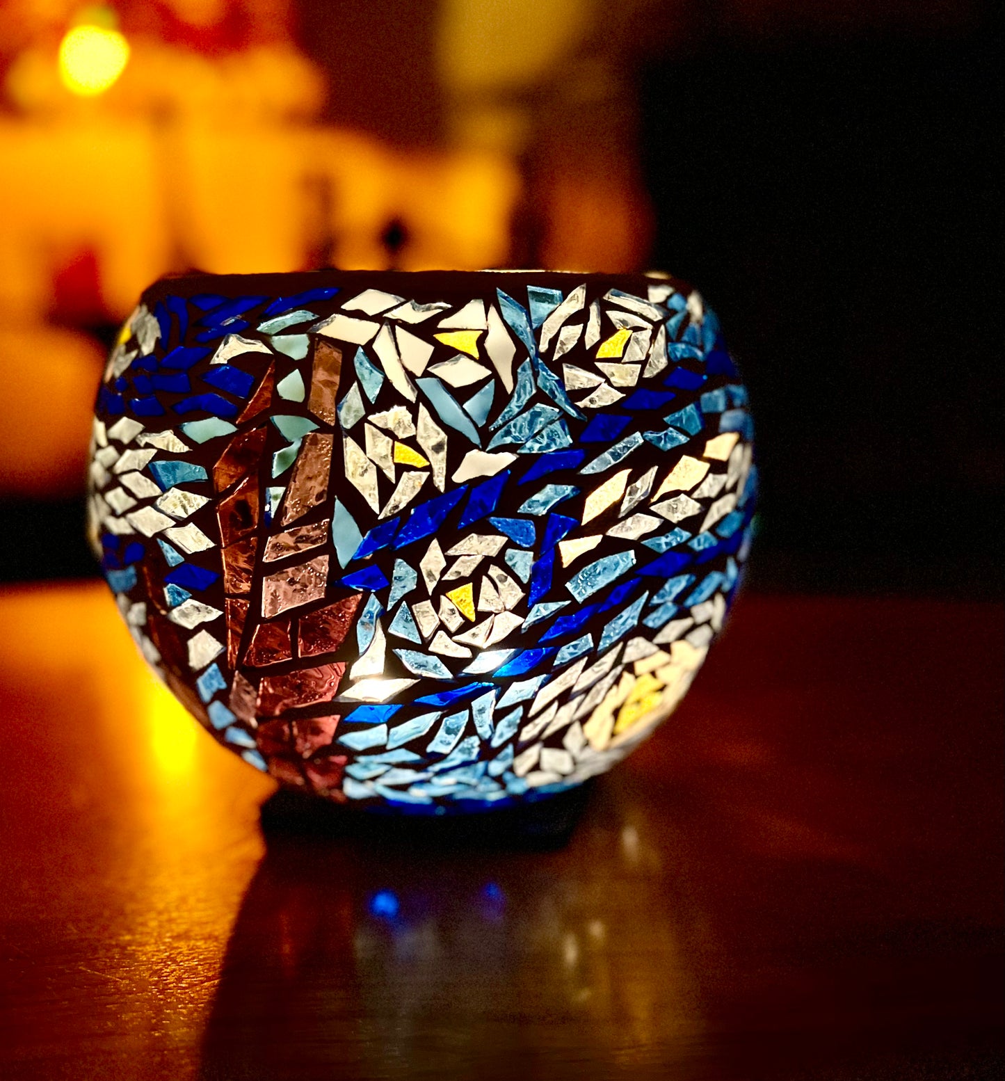 "Starry Night" Stained glass Candleholder, blues, yellow and violet glass finished in Bright White grout, 9" bowl