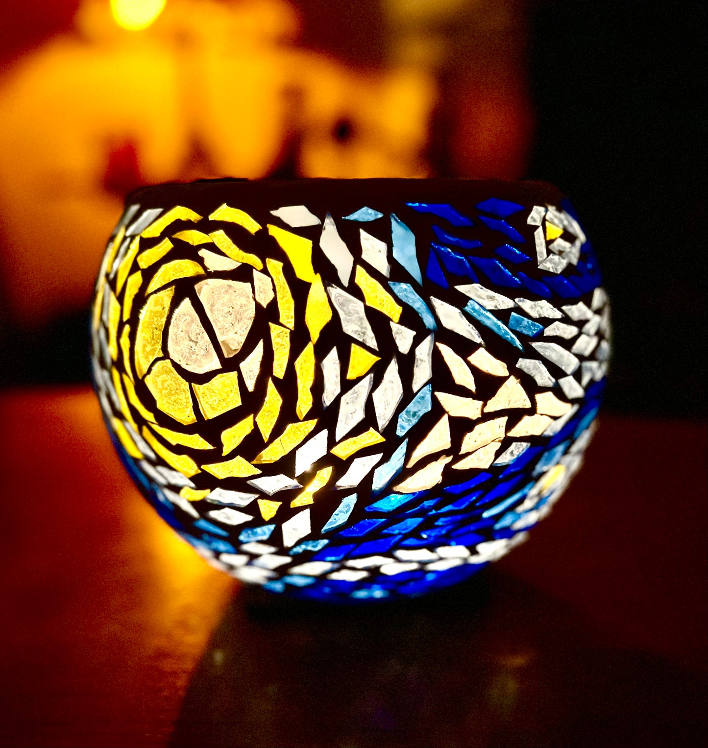 "Starry Night" Stained glass Candleholder, blues, yellow and violet glass finished in Bright White grout, 9" bowl