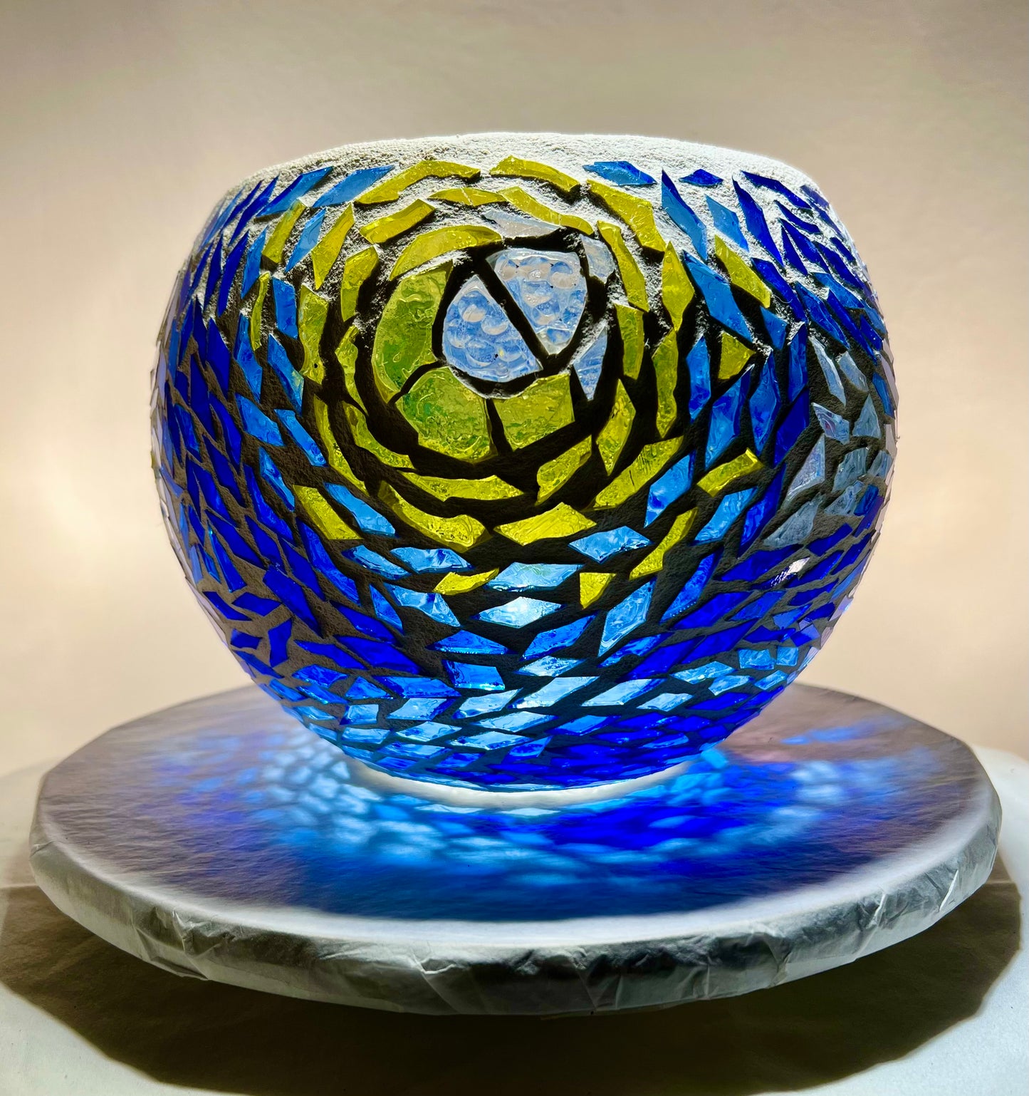 "Starry Night" Stained glass Candleholder, blues, yellow and violet glass finished in Bright White grout, 9" bowl