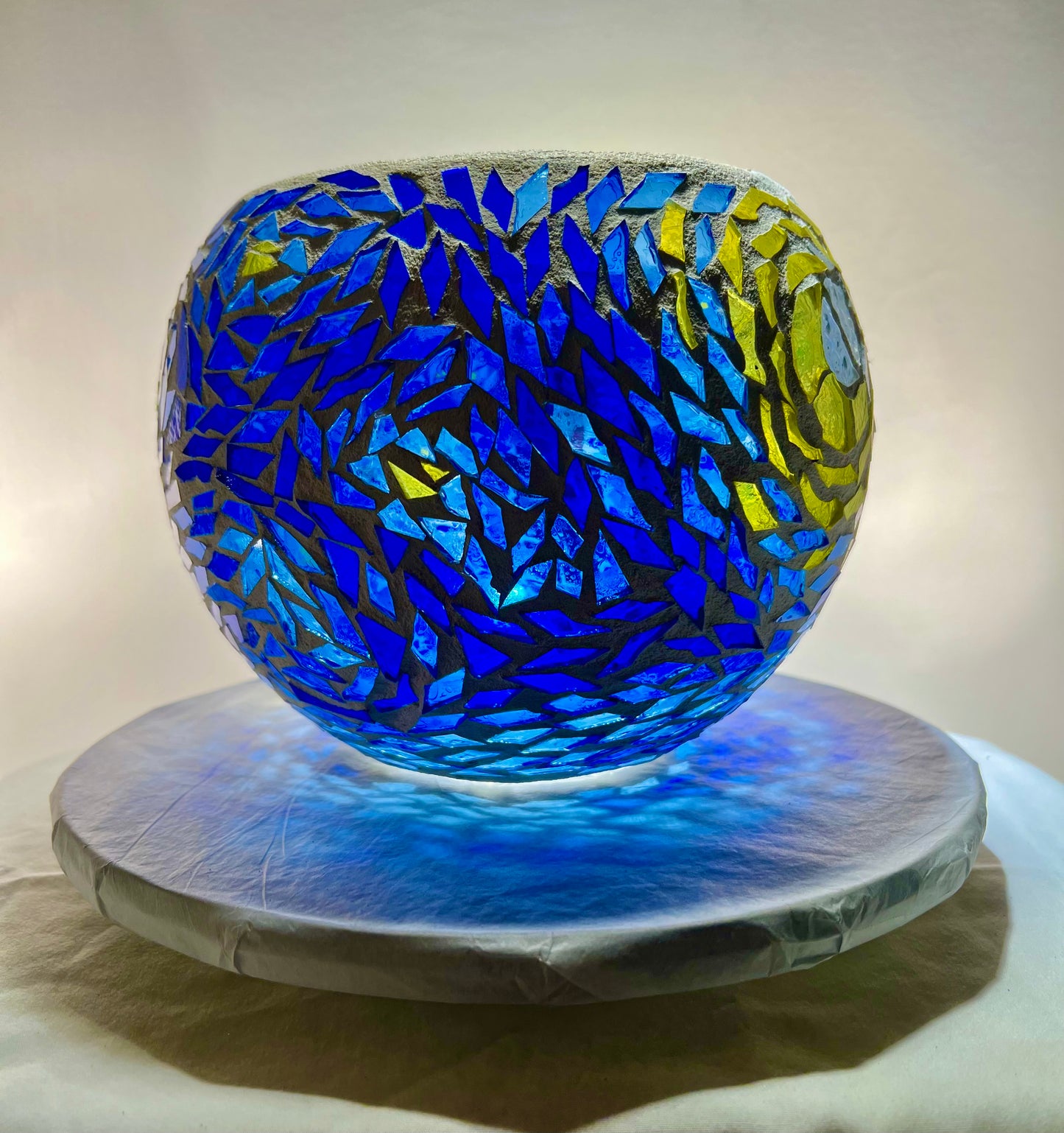 "Starry Night" Stained glass Candleholder, blues, yellow and violet glass finished in Bright White grout, 9" bowl