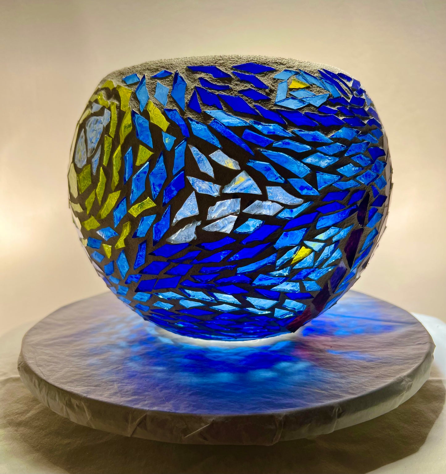 "Starry Night" Stained glass Candleholder, blues, yellow and violet glass finished in Bright White grout, 9" bowl