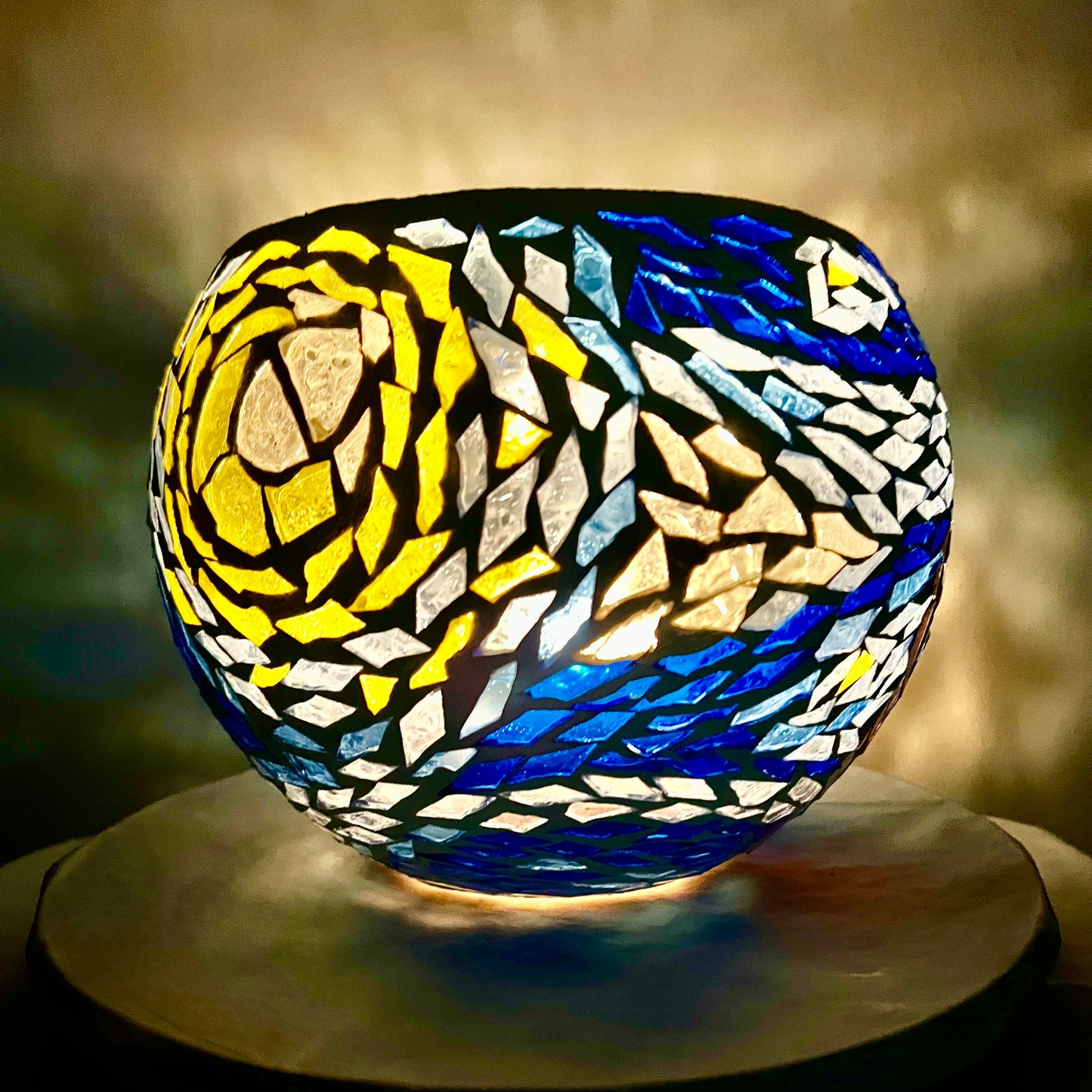 "Starry Night" Stained glass Candleholder, blues, yellow and violet glass finished in Bright White grout, 9" bowl