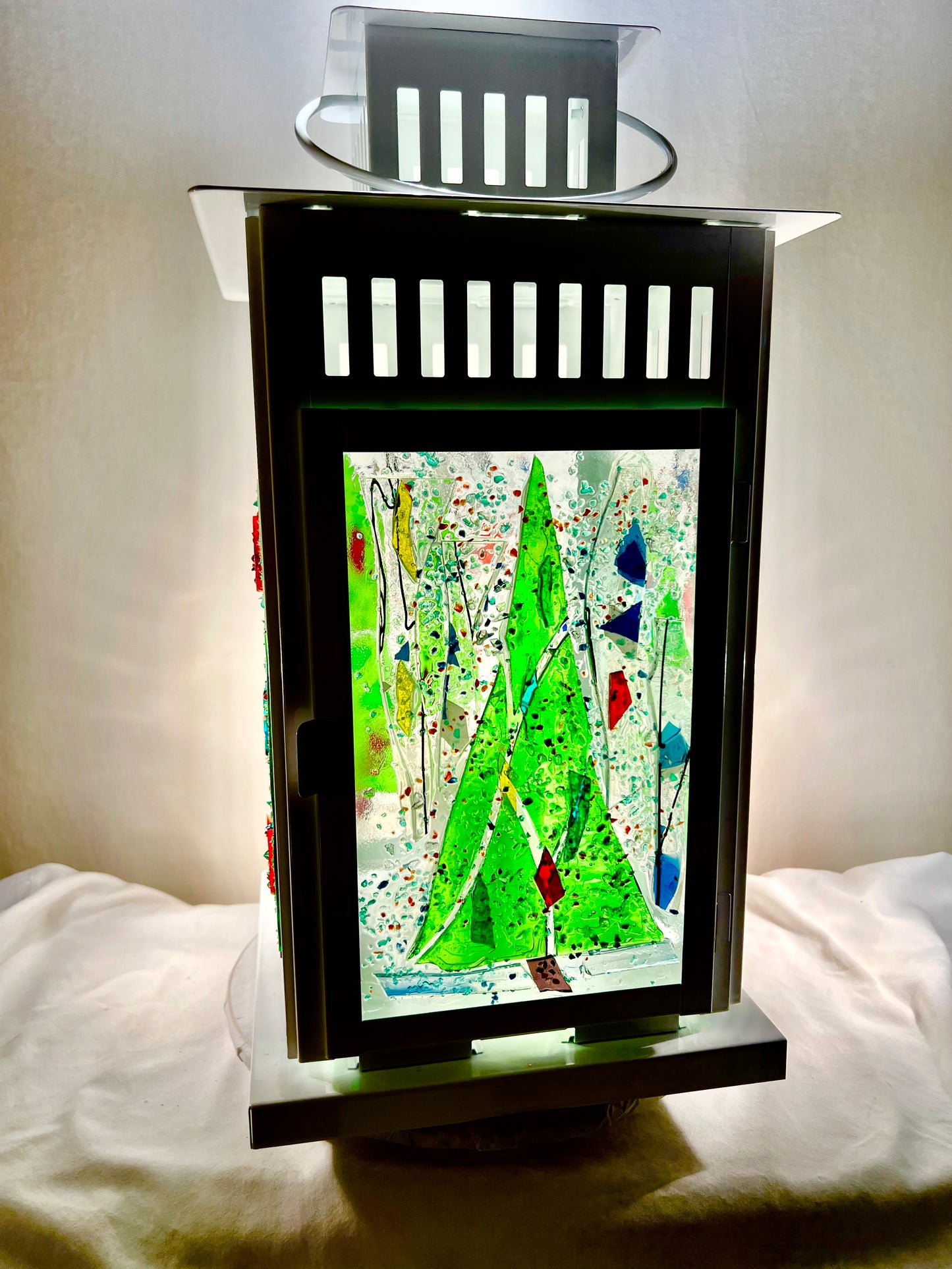 "Country Christmas Lantern" Stained Glass Holiday Candle Lantern – 15 Inch