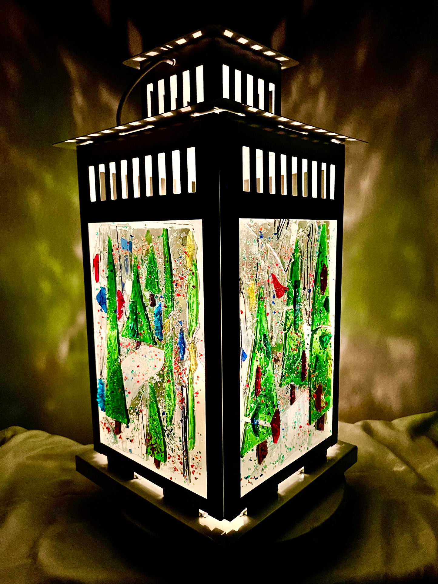 "Country Christmas Lantern" Stained Glass Holiday Candle Lantern – 15 Inch