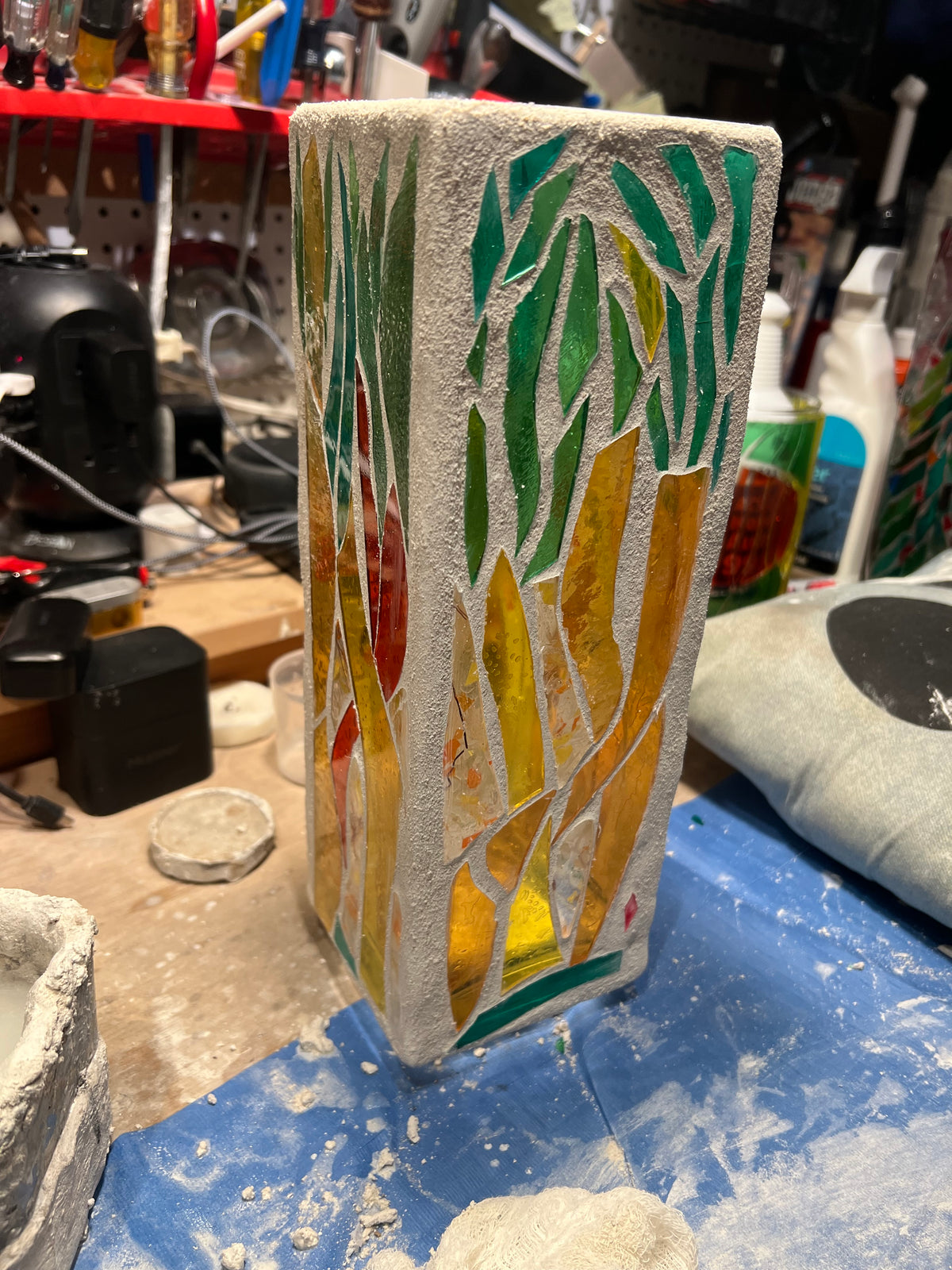 Stained glass candleholder,"Palm", yellow, gold, green and crystal clear glass, white grout, Cathedral Candle, 12x4" square, contemporary
