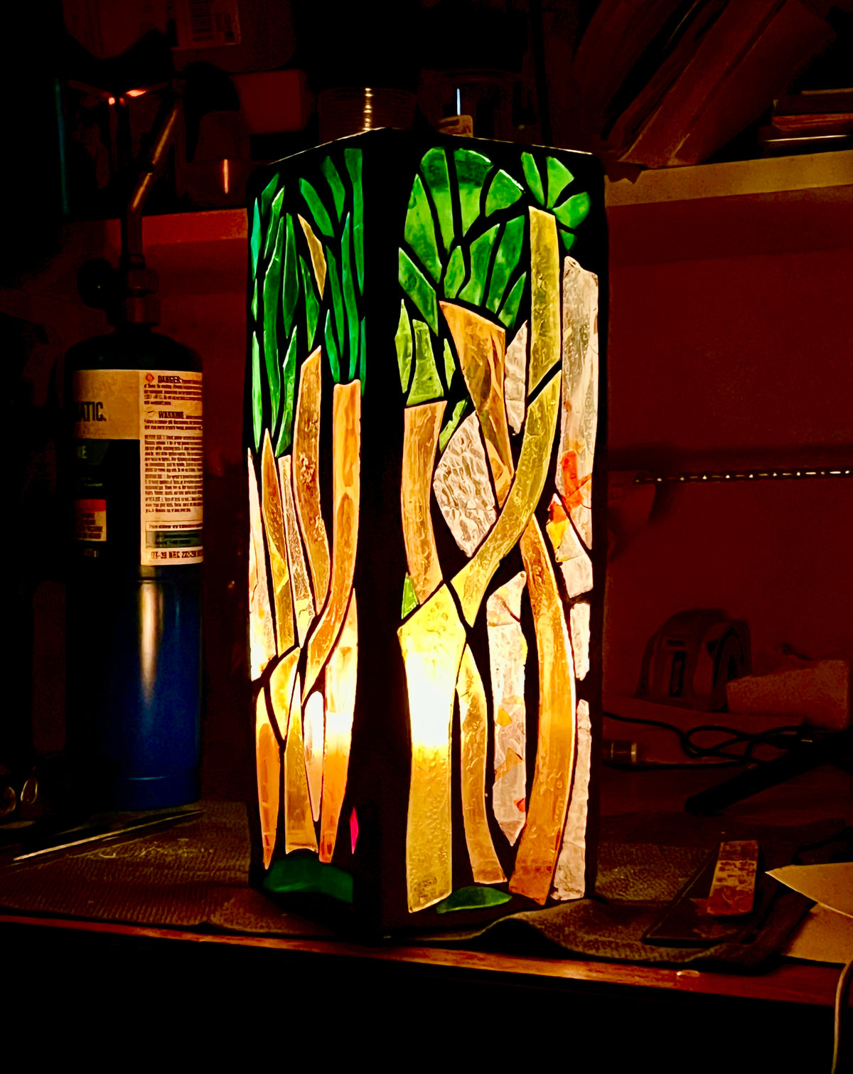 Stained glass candleholder,"Palm", yellow, gold, green and crystal clear glass, white grout, Cathedral Candle, 12x4" square, contemporary