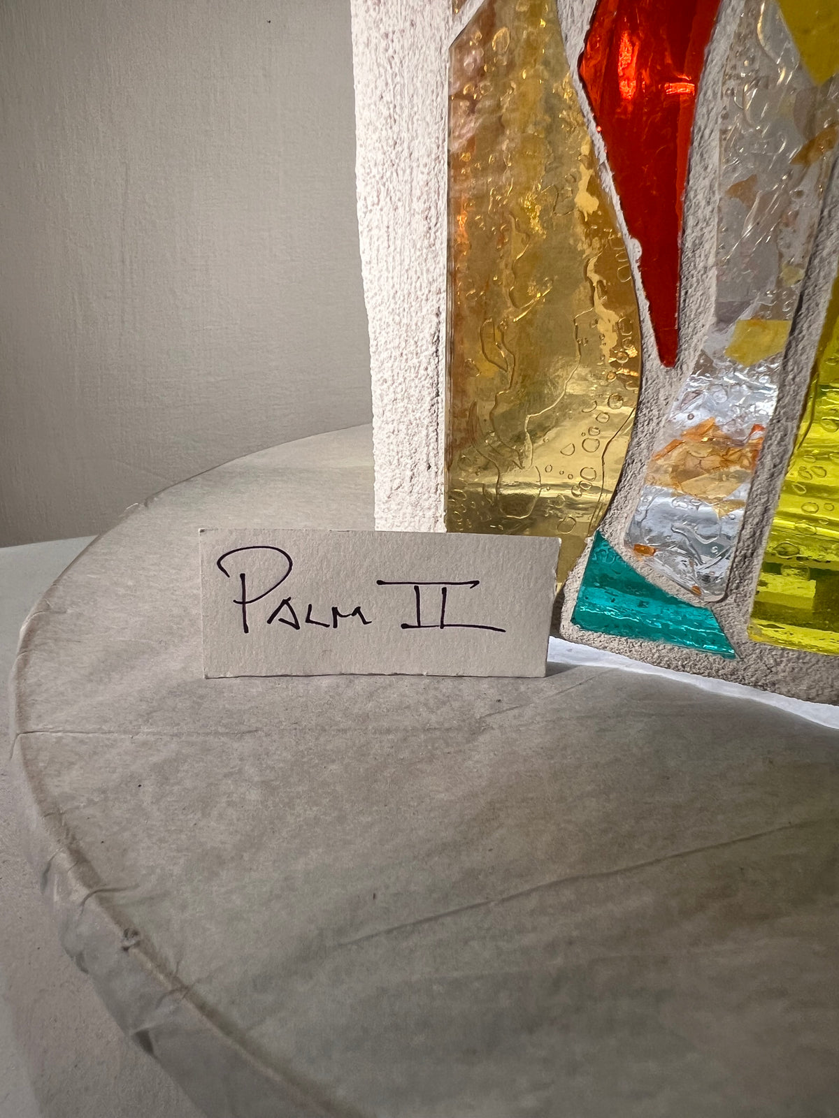 Stained glass candleholder,"Palm", yellow, gold, green and crystal clear glass, white grout, Cathedral Candle, 12x4" square, contemporary