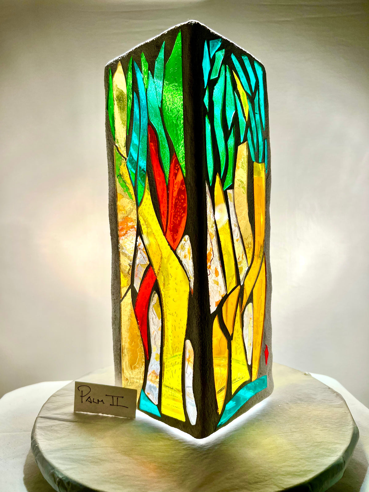 Stained glass candleholder,"Palm", yellow, gold, green and crystal clear glass, white grout, Cathedral Candle, 12x4" square, contemporary