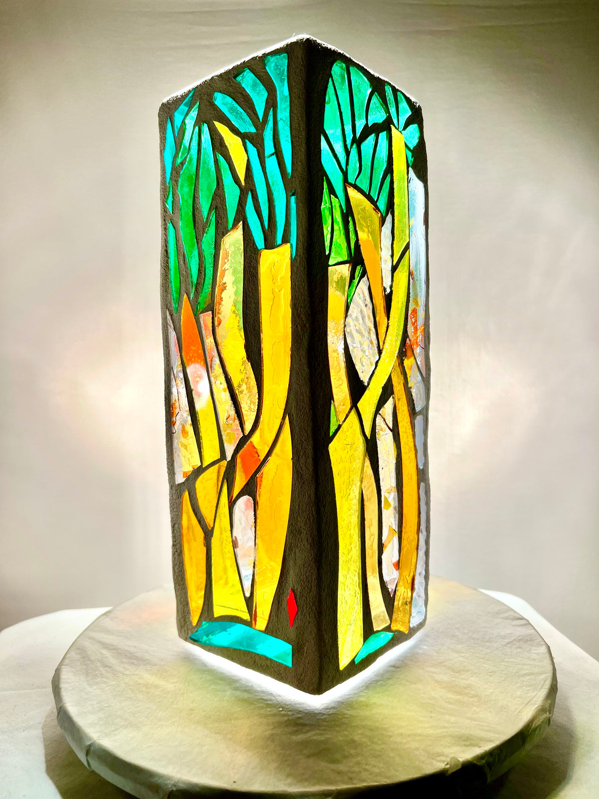 Stained glass candleholder,"Palm", yellow, gold, green and crystal clear glass, white grout, Cathedral Candle, 12x4" square, contemporary