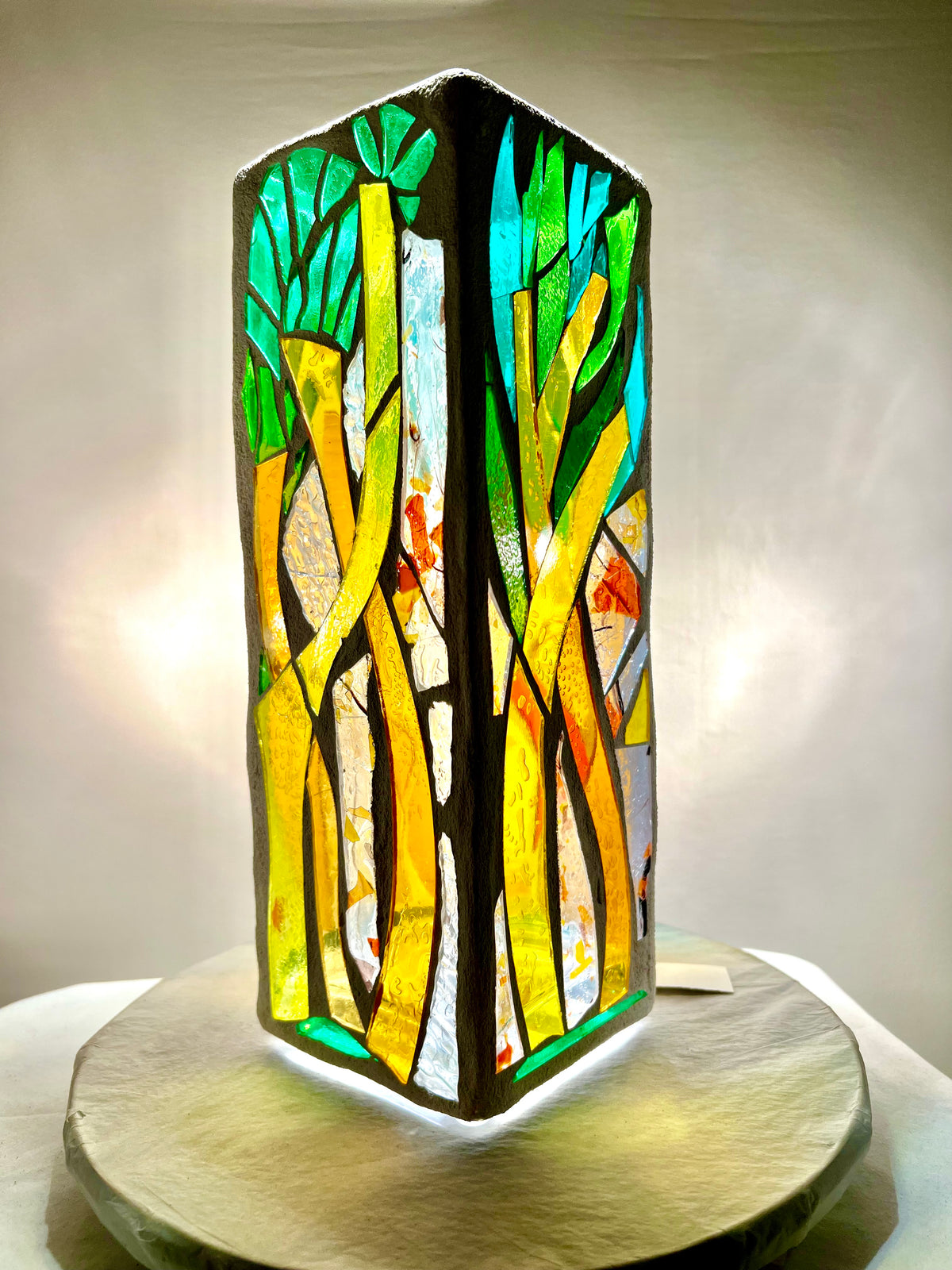 Stained glass candleholder,"Palm", yellow, gold, green and crystal clear glass, white grout, Cathedral Candle, 12x4" square, contemporary