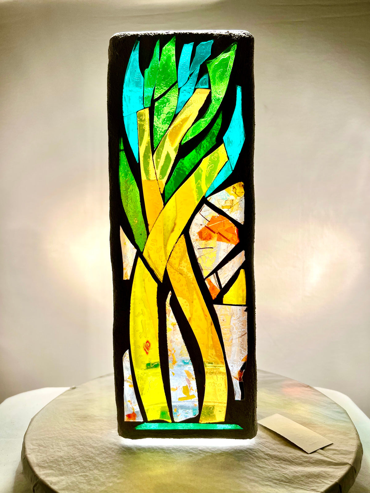 Stained glass candleholder,"Palm", yellow, gold, green and crystal clear glass, white grout, Cathedral Candle, 12x4" square, contemporary