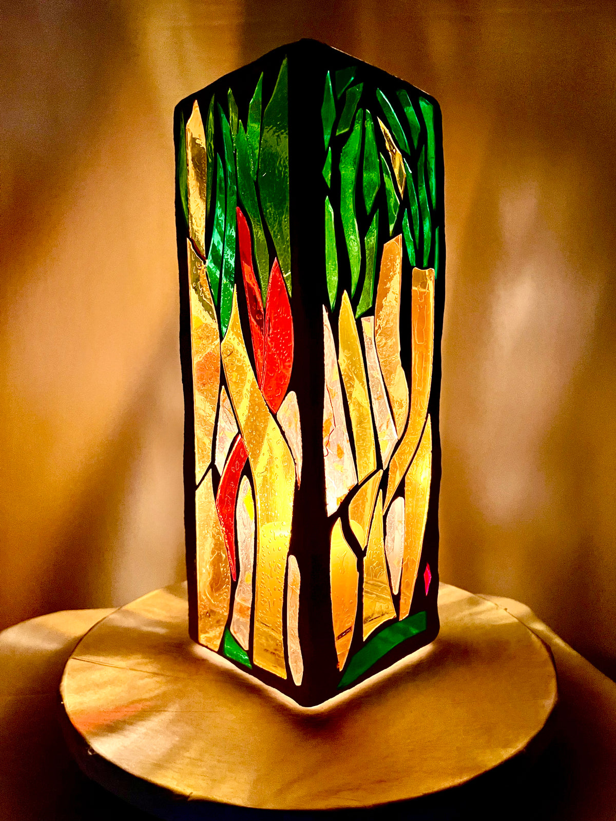 Stained glass candleholder,"Palm", yellow, gold, green and crystal clear glass, white grout, Cathedral Candle, 12x4" square, contemporary