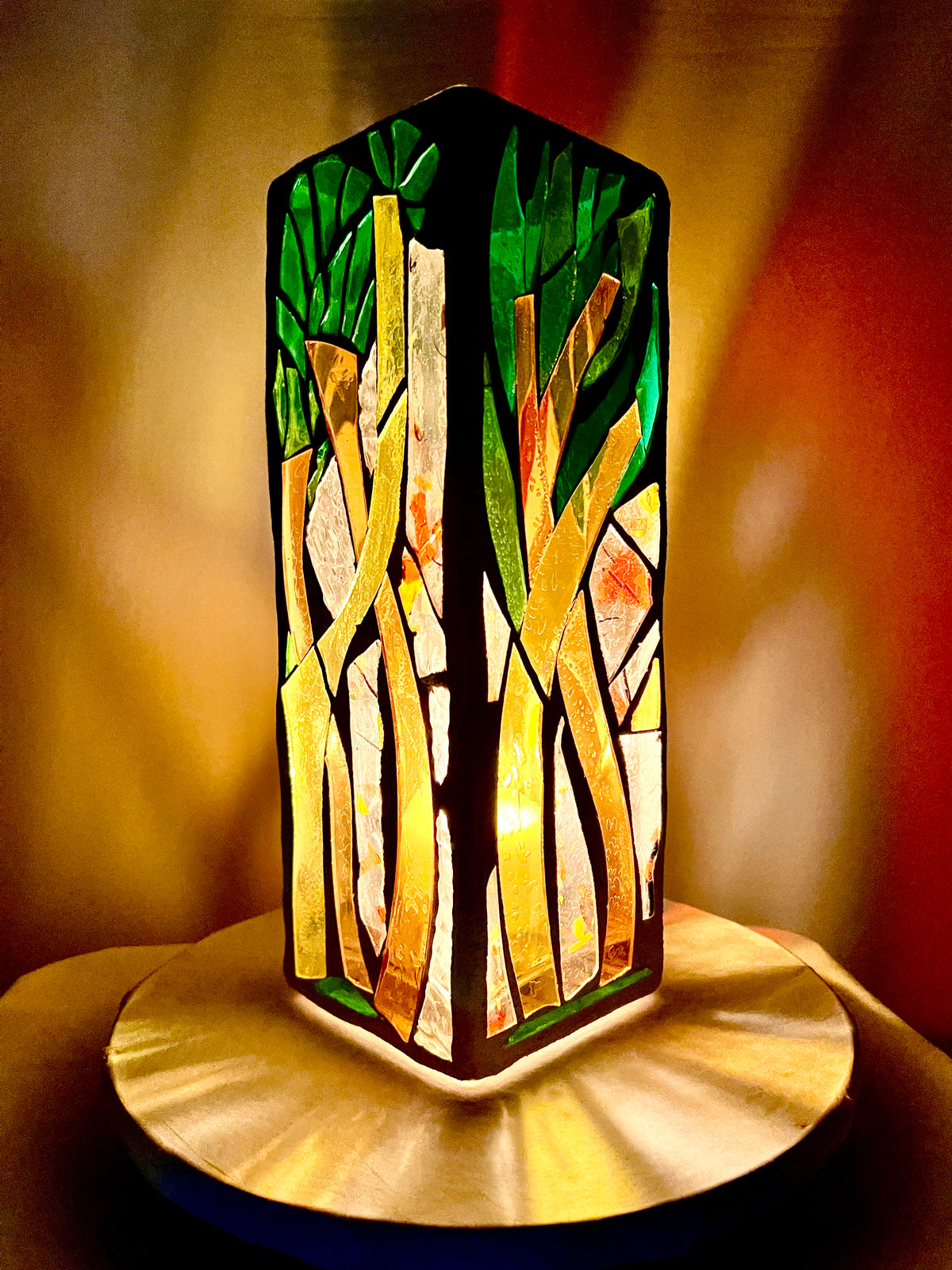 Stained glass candleholder,"Palm", yellow, gold, green and crystal clear glass, white grout, Cathedral Candle, 12x4" square, contemporary