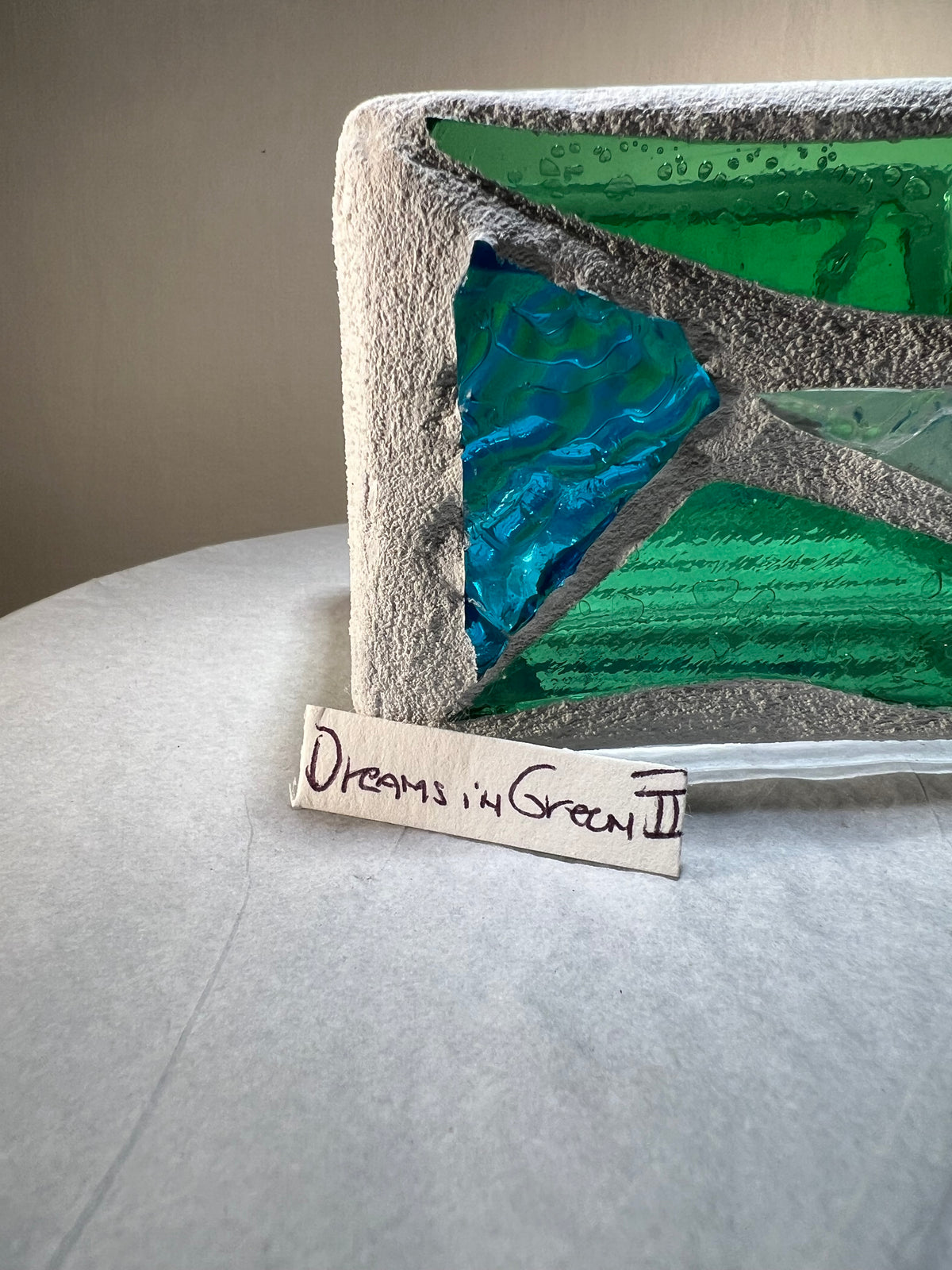 “Dreams in Green”Stained Glass Candleholder,  Handmade bright green, blue, yellow, clear stained glass 3x4” Cathedral Candle.