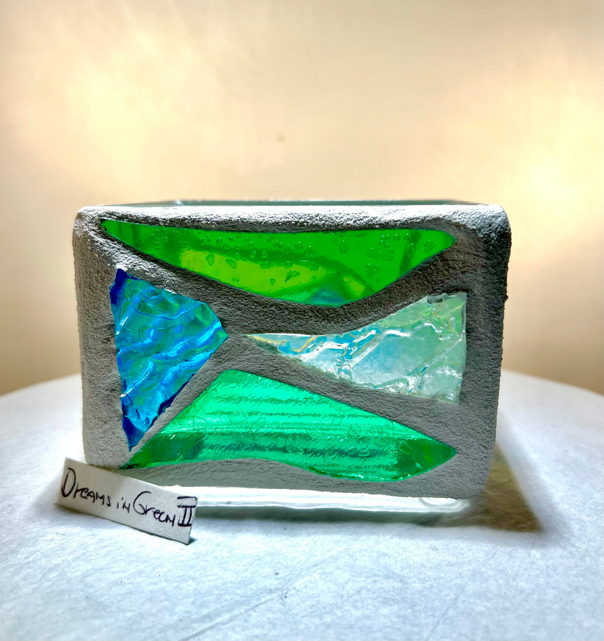 “Dreams in Green”Stained Glass Candleholder,  Handmade bright green, blue, yellow, clear stained glass 3x4” Cathedral Candle.
