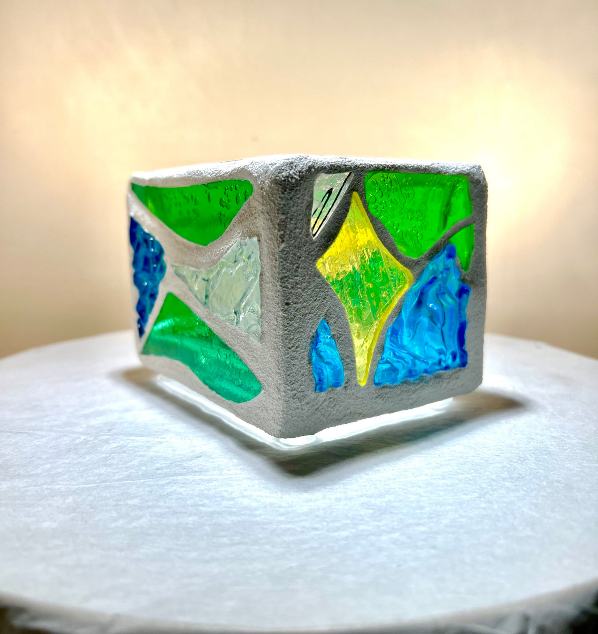 “Dreams in Green”Stained Glass Candleholder,  Handmade bright green, blue, yellow, clear stained glass 3x4” Cathedral Candle.