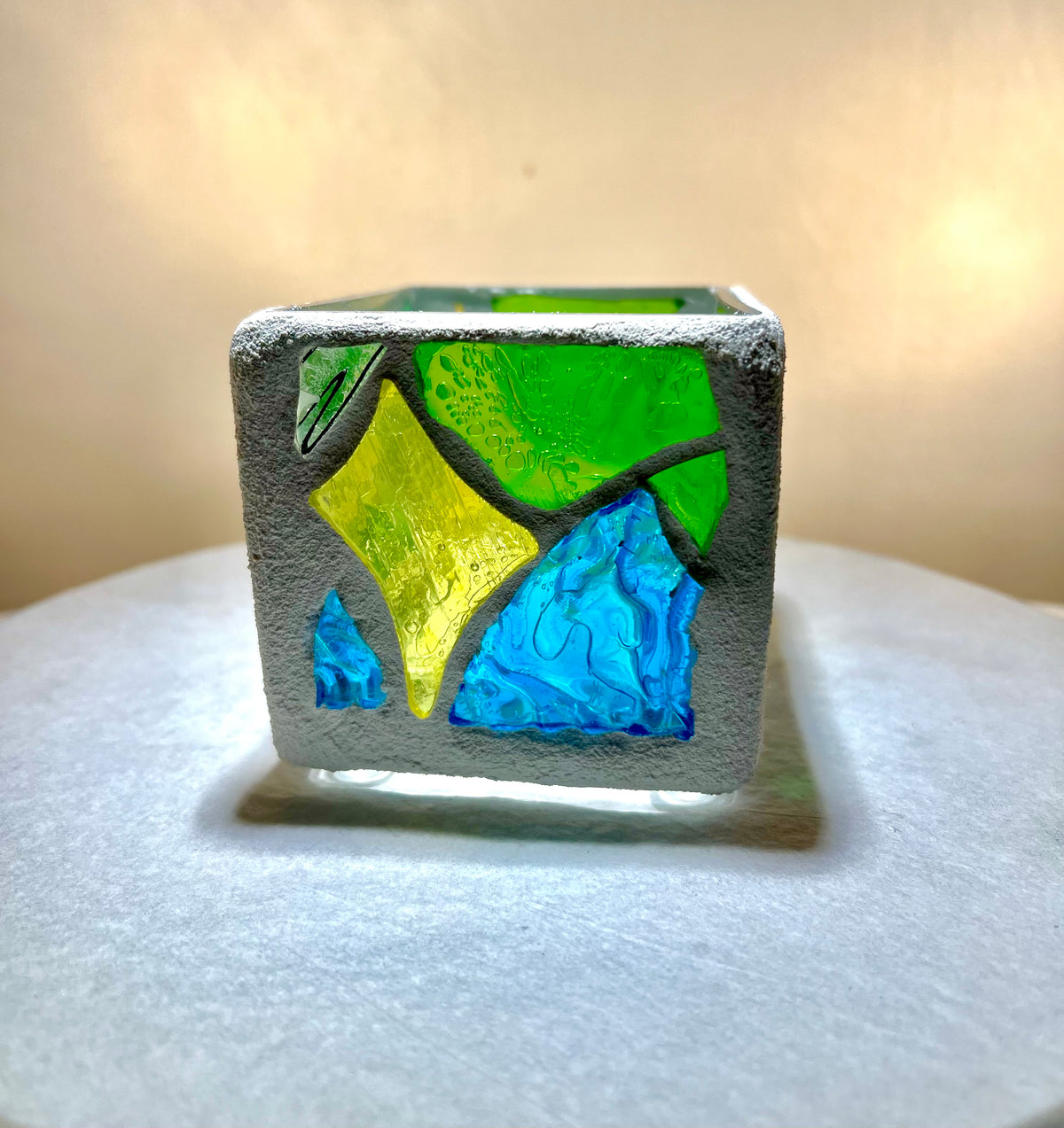 “Dreams in Green”Stained Glass Candleholder,  Handmade bright green, blue, yellow, clear stained glass 3x4” Cathedral Candle.
