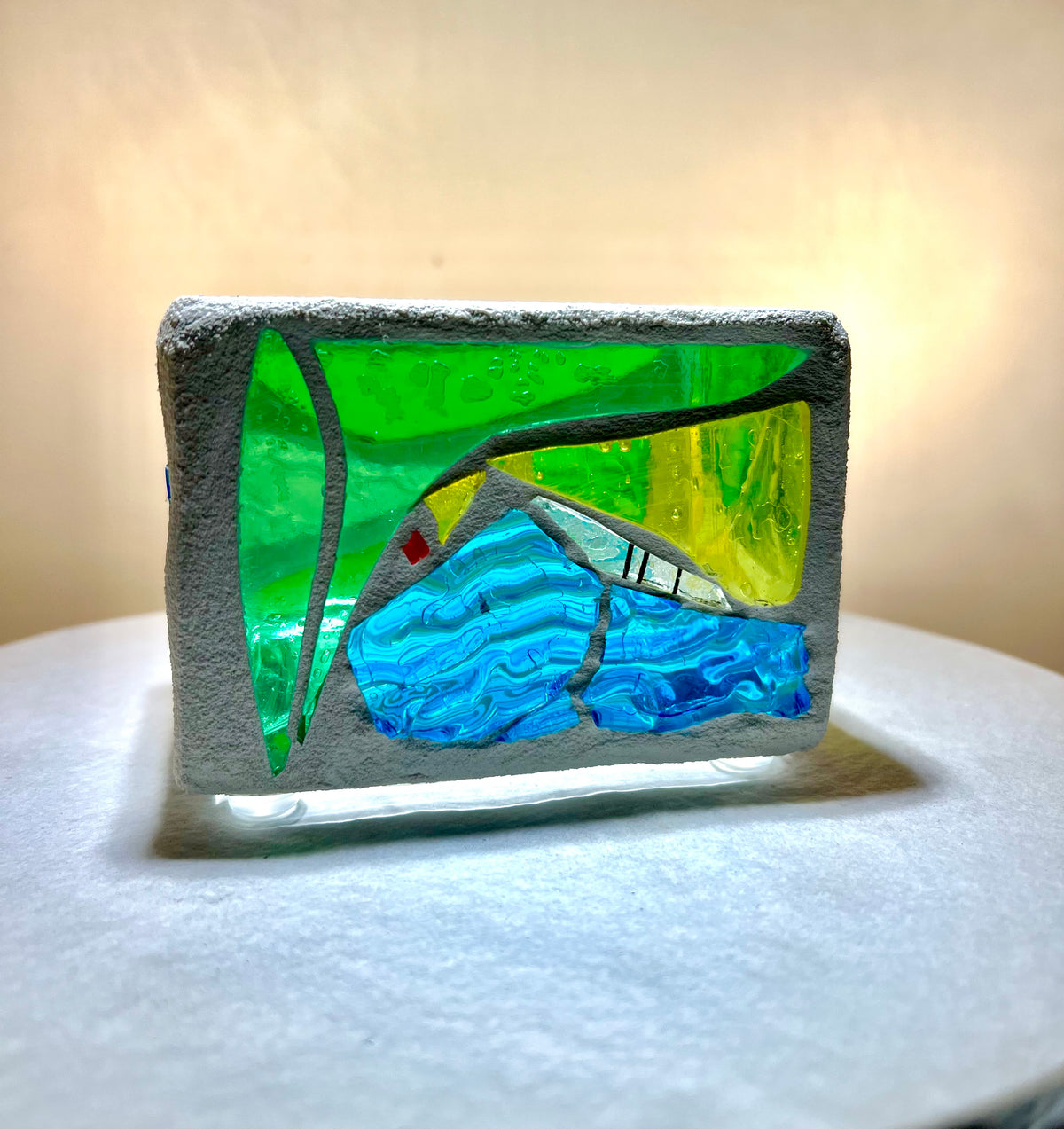 “Dreams in Green”Stained Glass Candleholder,  Handmade bright green, blue, yellow, clear stained glass 3x4” Cathedral Candle.