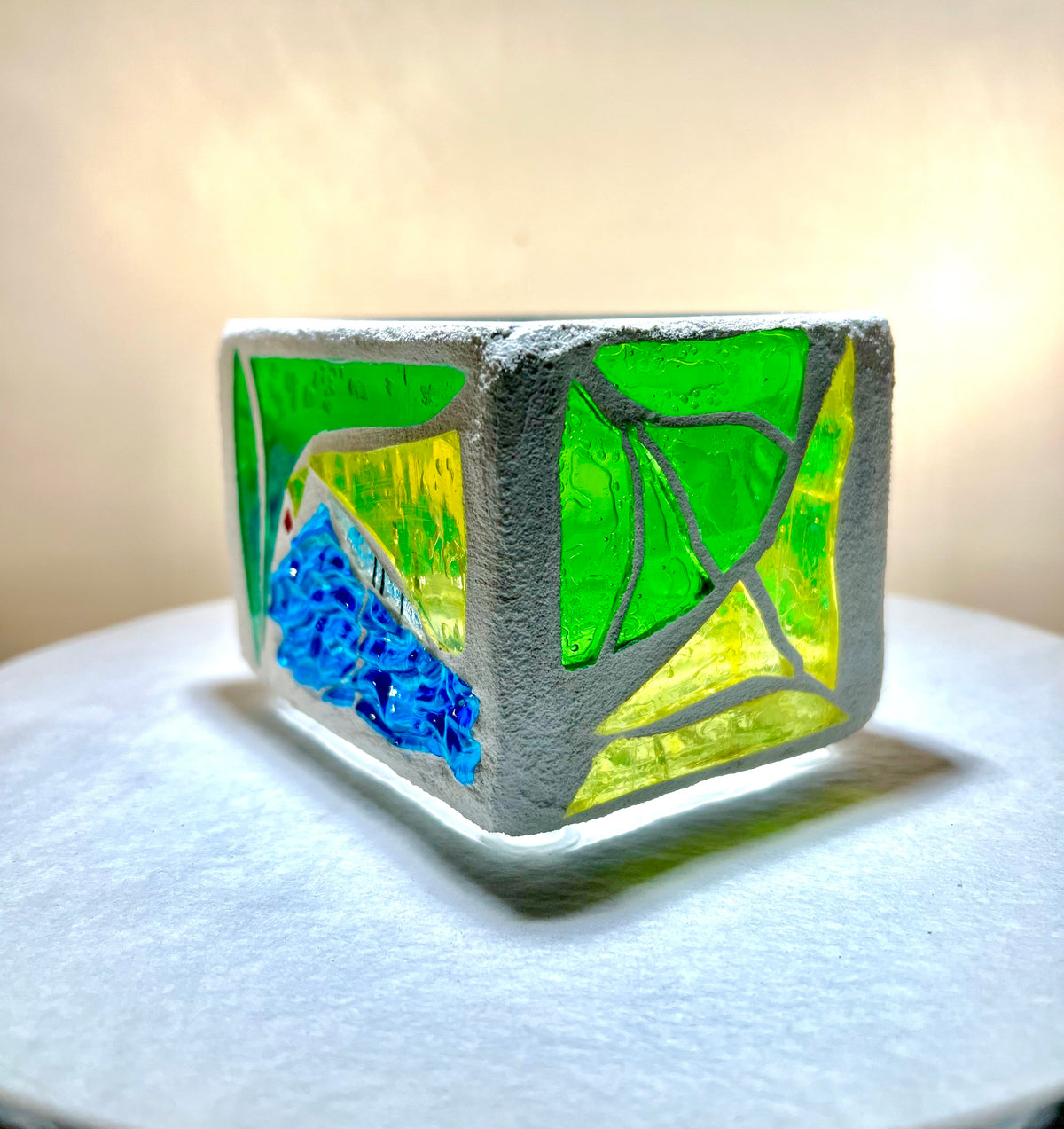 “Dreams in Green”Stained Glass Candleholder,  Handmade bright green, blue, yellow, clear stained glass 3x4” Cathedral Candle.