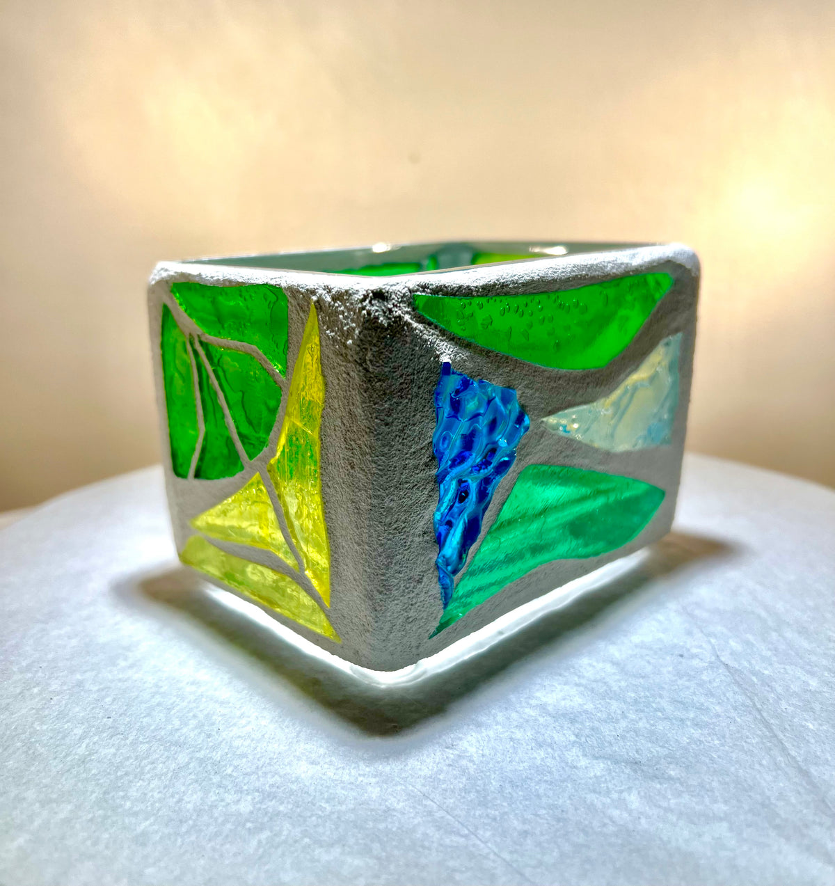 “Dreams in Green”Stained Glass Candleholder,  Handmade bright green, blue, yellow, clear stained glass 3x4” Cathedral Candle.