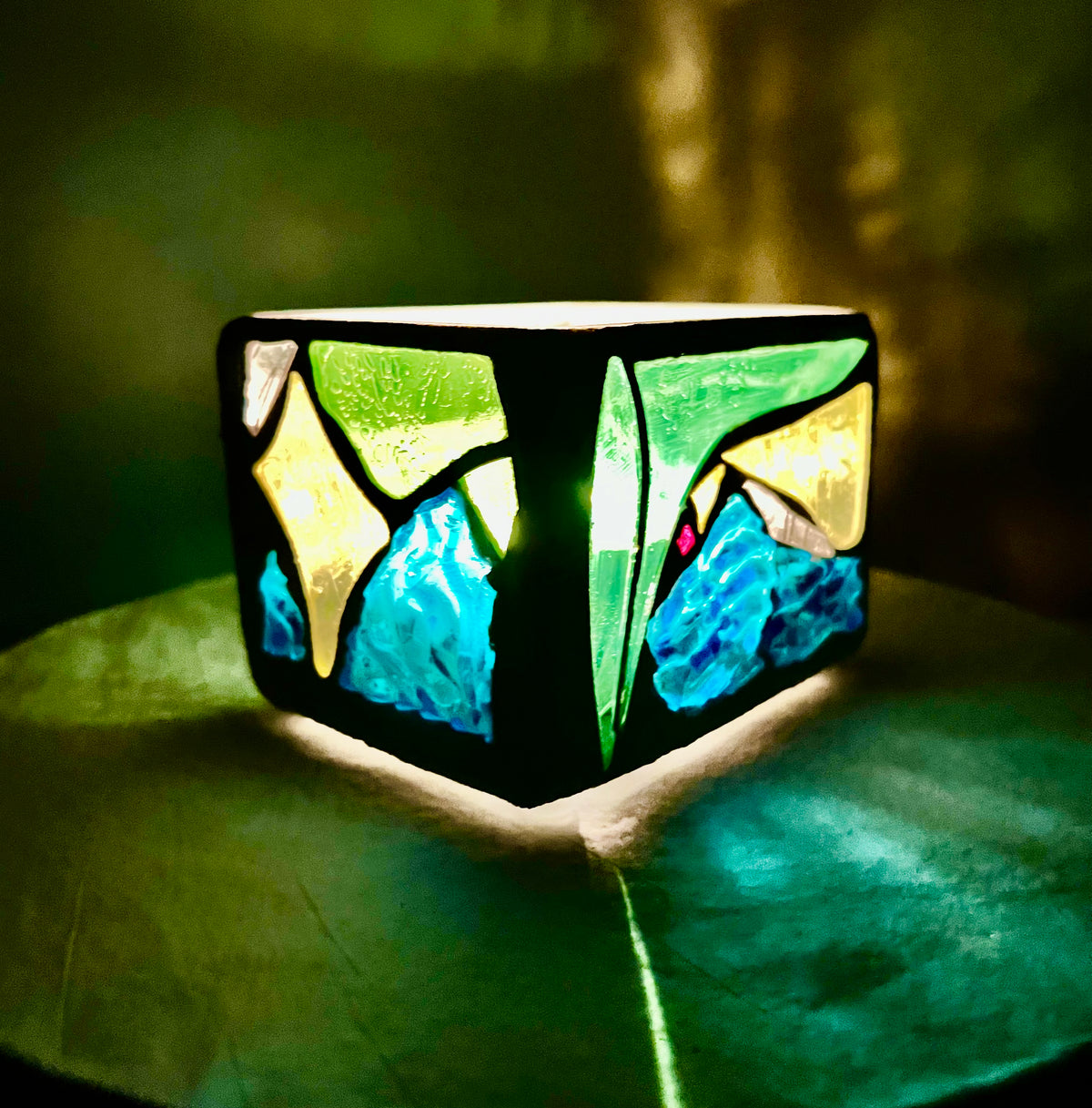 “Dreams in Green”Stained Glass Candleholder,  Handmade bright green, blue, yellow, clear stained glass 3x4” Cathedral Candle.