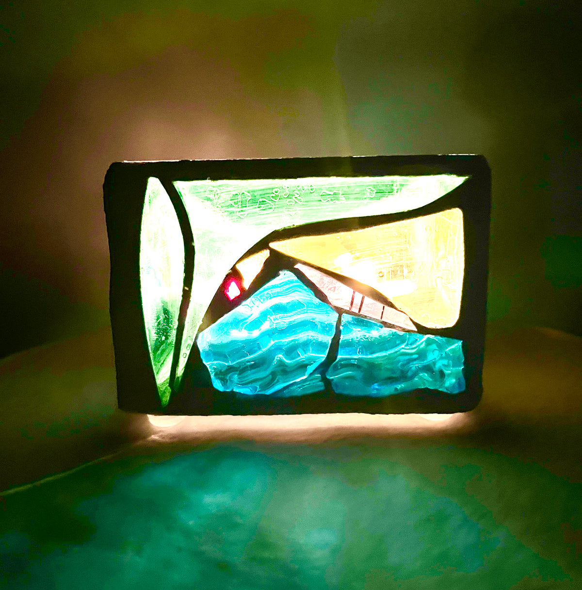 “Dreams in Green”Stained Glass Candleholder,  Handmade bright green, blue, yellow, clear stained glass 3x4” Cathedral Candle.