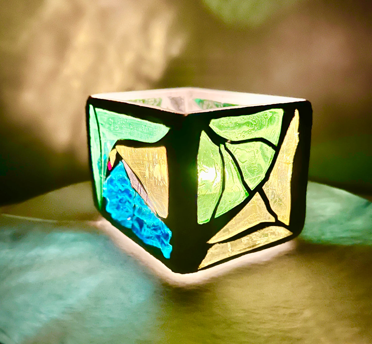“Dreams in Green”Stained Glass Candleholder,  Handmade bright green, blue, yellow, clear stained glass 3x4” Cathedral Candle.