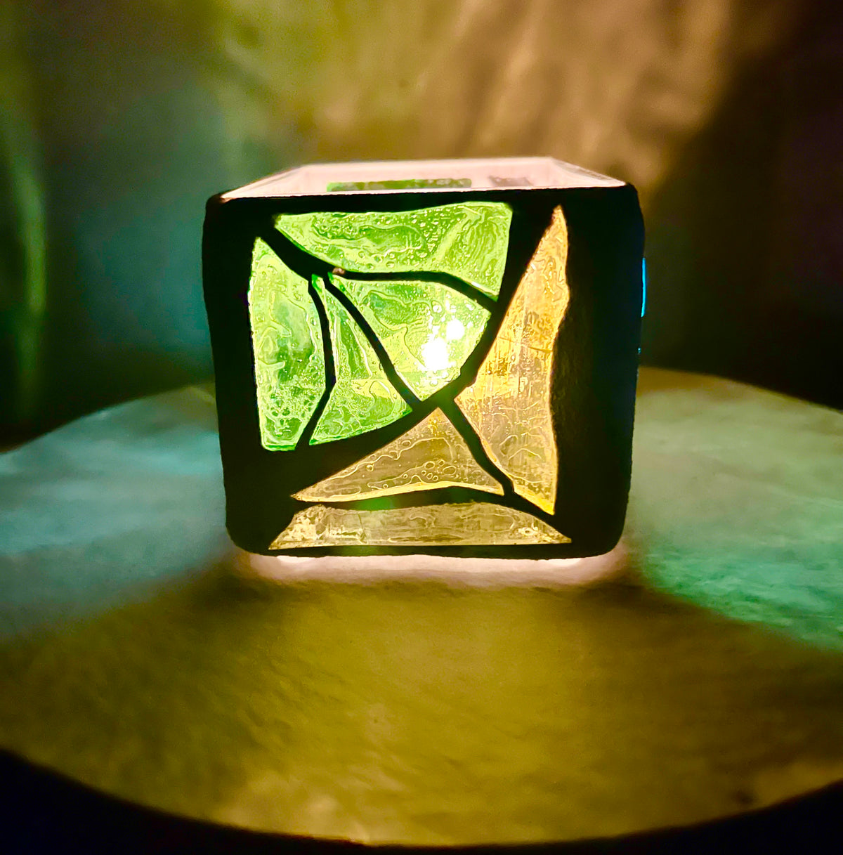 “Dreams in Green”Stained Glass Candleholder,  Handmade bright green, blue, yellow, clear stained glass 3x4” Cathedral Candle.